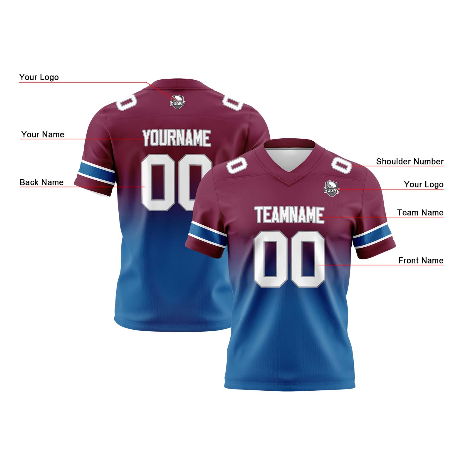 Custom Burgundy Blue Reversible Football Jersey Personalized Gradient Football Shirts for Men Printed Team Name Number Logo