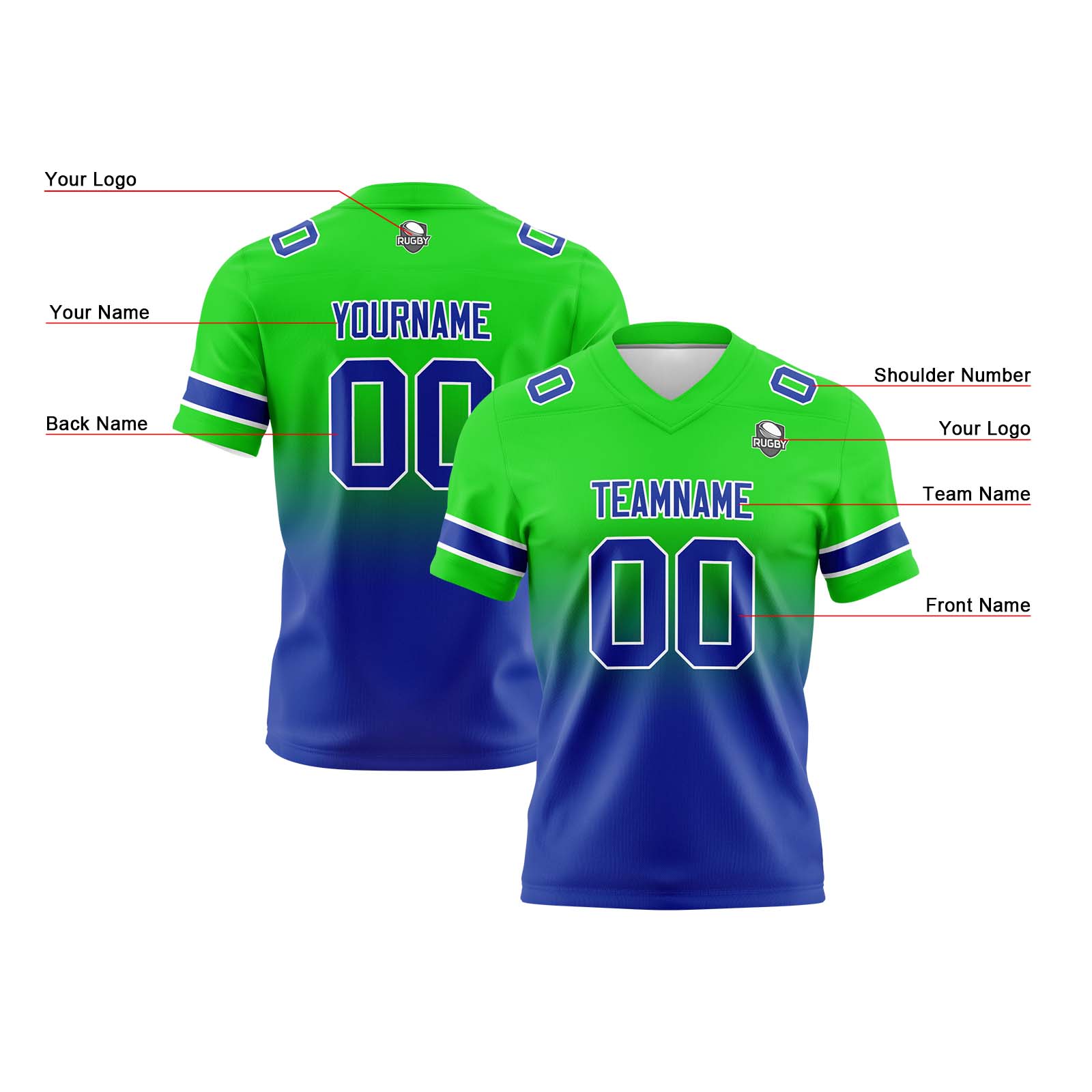 Custom Green Blue Reversible Football Jersey Personalized Gradient Football Shirts for Men Printed Team Name Number Logo