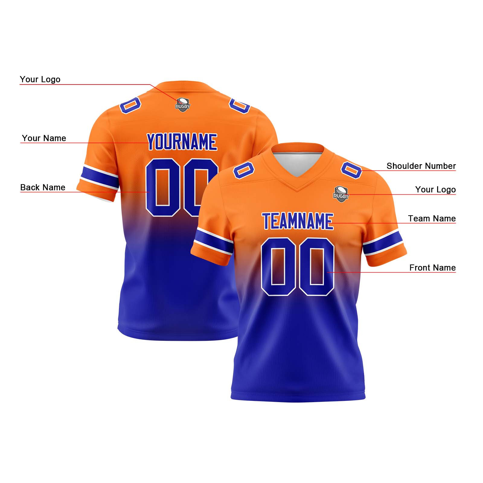 Custom Orange&Royal Reversible Football Jersey Personalized Gradient Football Shirts for Men Printed Team Name Number Logo