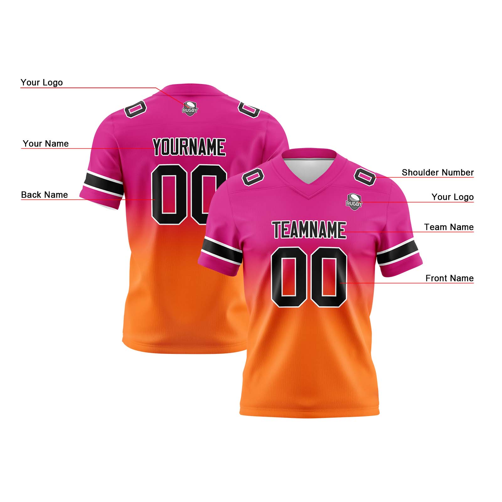 Custom Rose Orange Reversible Football Jersey Personalized Gradient Football Shirts for Men Printed Team Name Number Logo