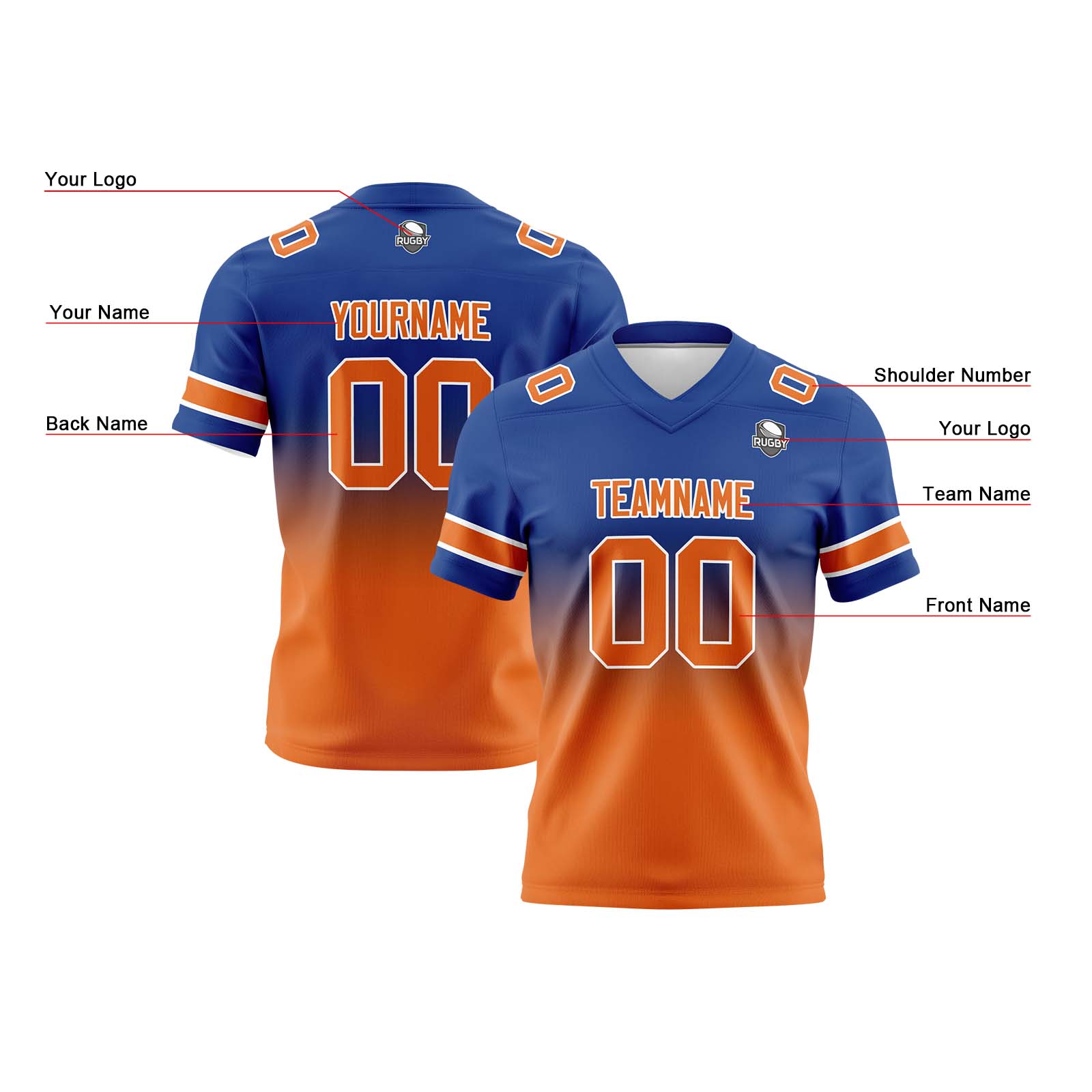 Custom Royal Orange Reversible Football Jersey Personalized Gradient Football Shirts for Men Printed Team Name Number Logo