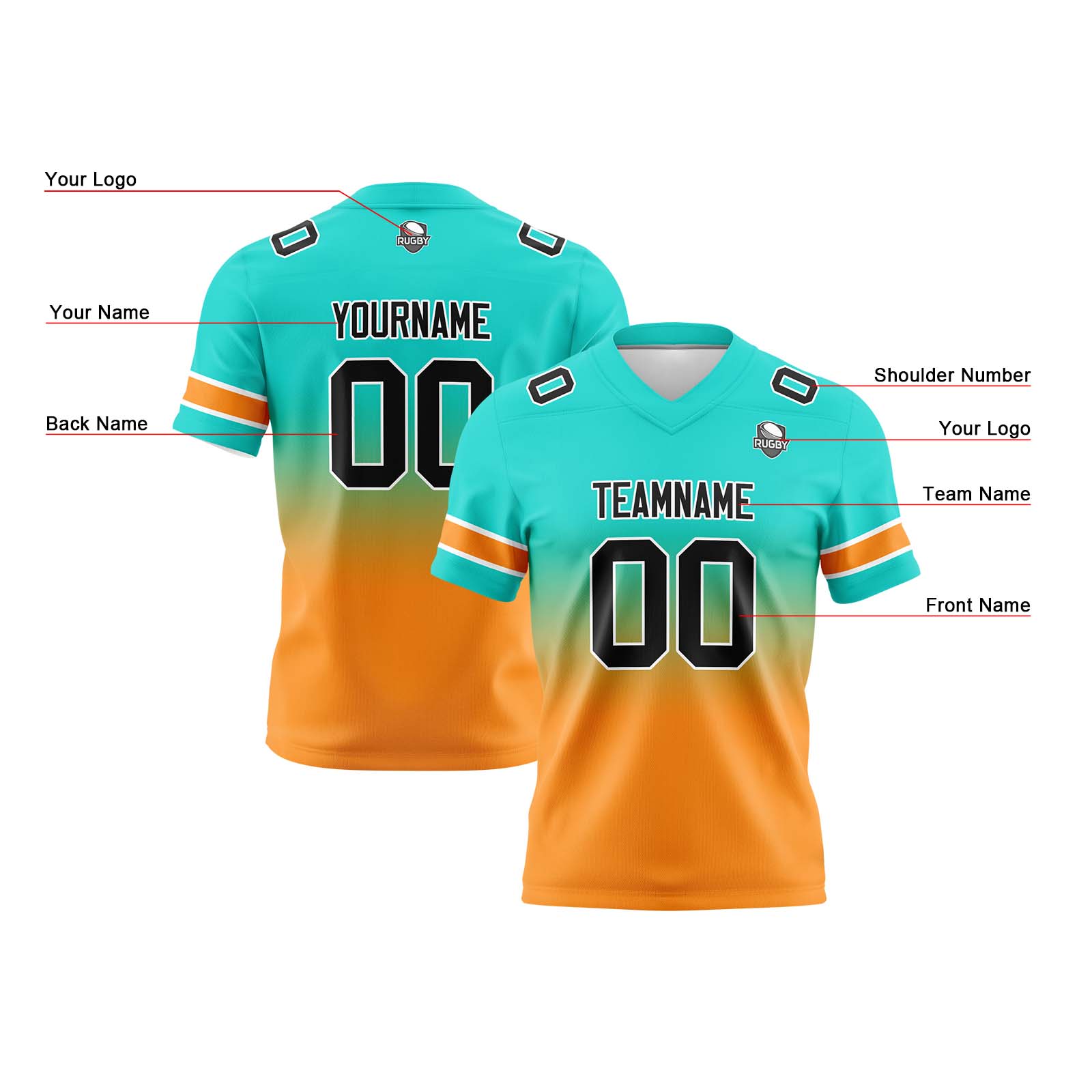 Custom Teal Orange Reversible Football Jersey Personalized Gradient Football Shirts for Men Printed Team Name Number Logo