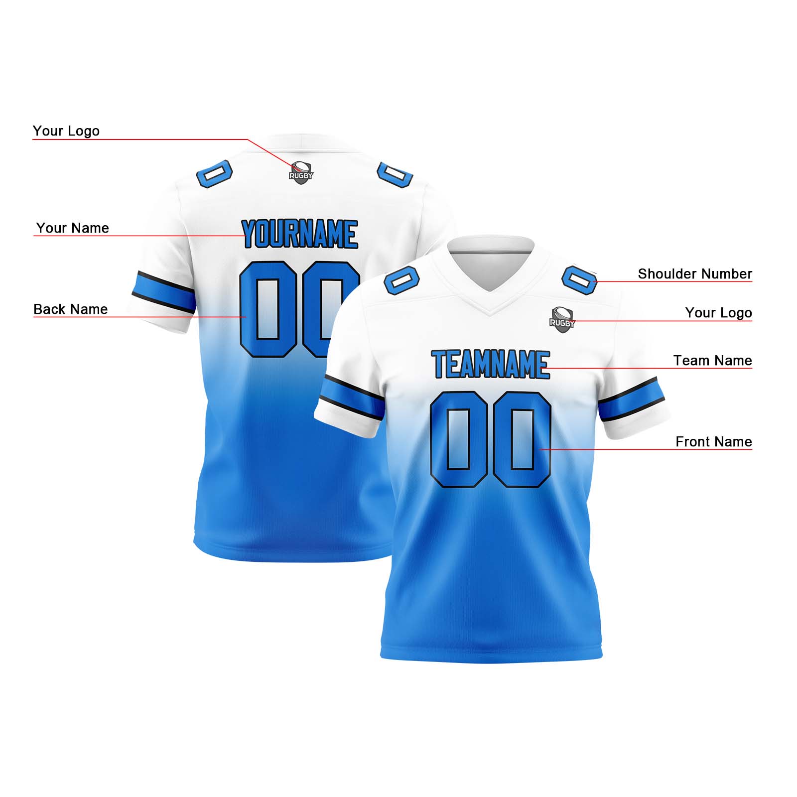 Custom White Blue Reversible Football Jersey Personalized Gradient Football Shirts for Men Printed Team Name Number Logo