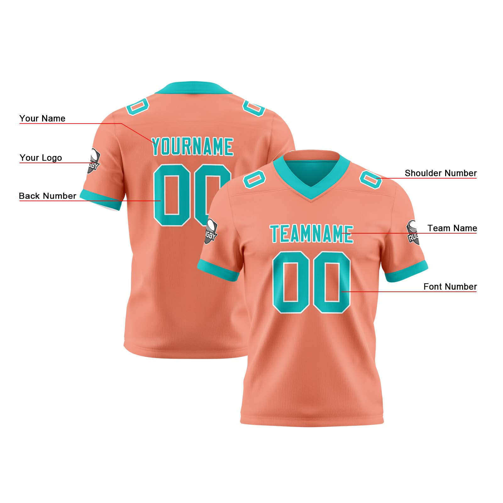 Custom Light Orange Teal Reversible Football Jersey Personalized Gradient Football Shirts for Men Printed Team Name Number Logo