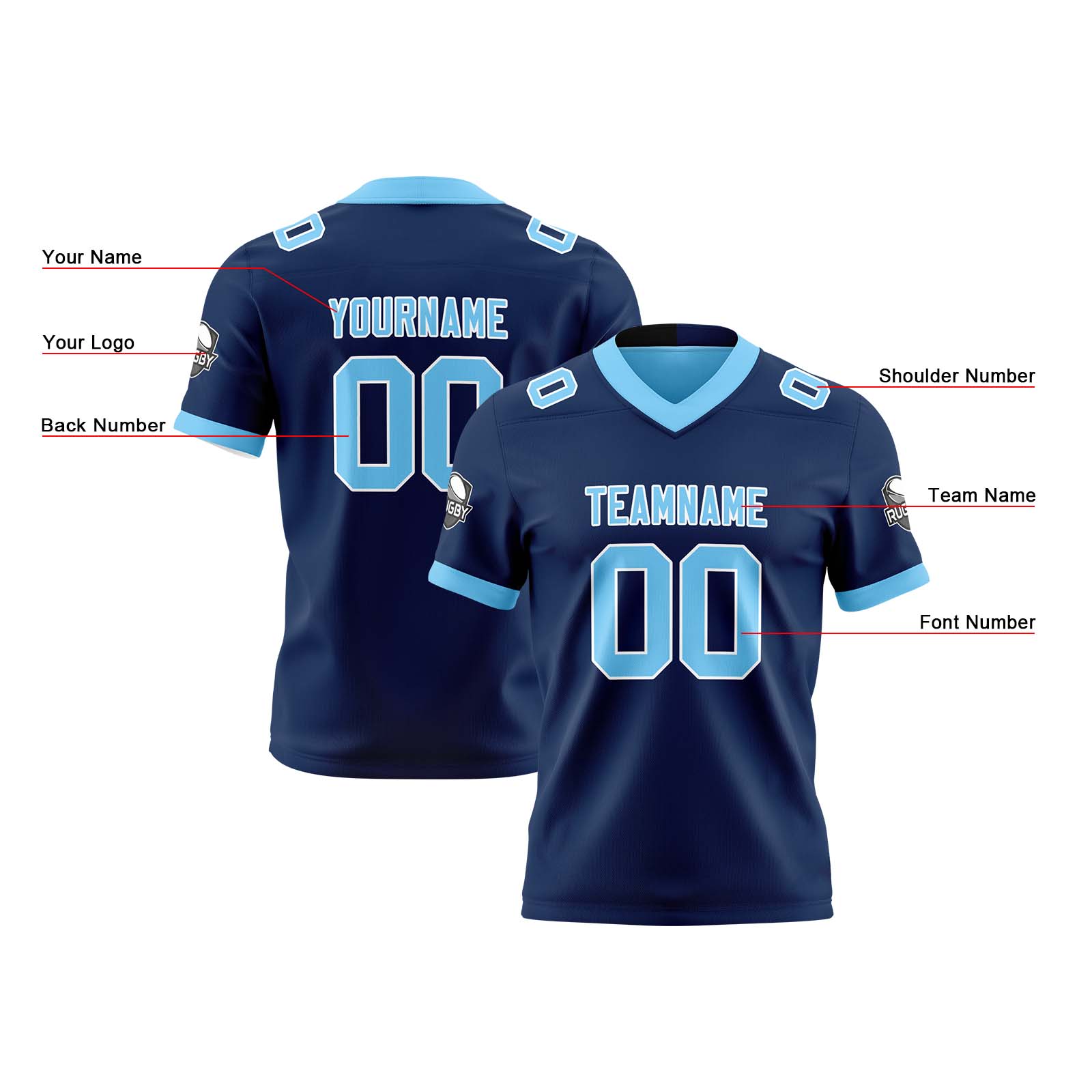 Custom Navy Light Blue Reversible Football Jersey Personalized Gradient Football Shirts for Men Printed Team Name Number Logo