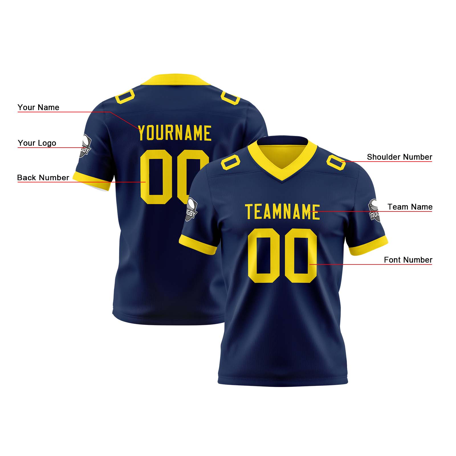Custom Navy Yellow Reversible Football Jersey Personalized Gradient Football Shirts for Men Printed Team Name Number Logo