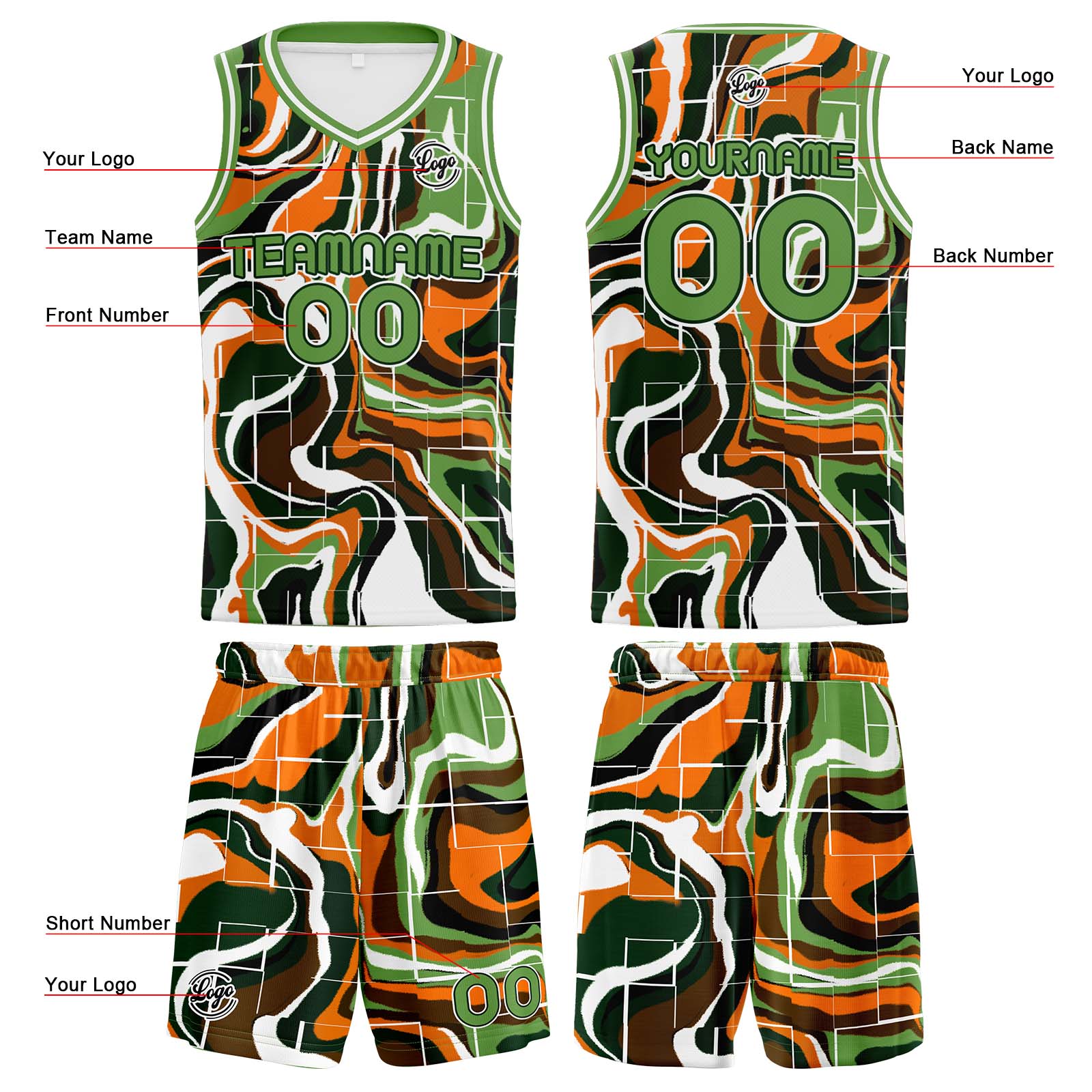 Custom Green Orange Basketball Jerseys Personalized Jersey Printed Men Women Team Jerseys Shorts with Name Logo and Number