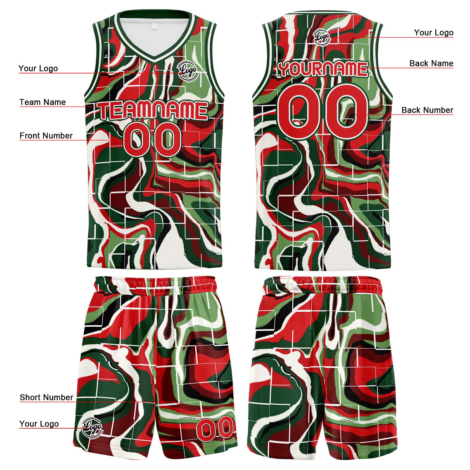 Custom Green Red Basketball Jerseys Personalized Jersey Printed Men Women Team Jerseys Shorts with Name Logo and Number