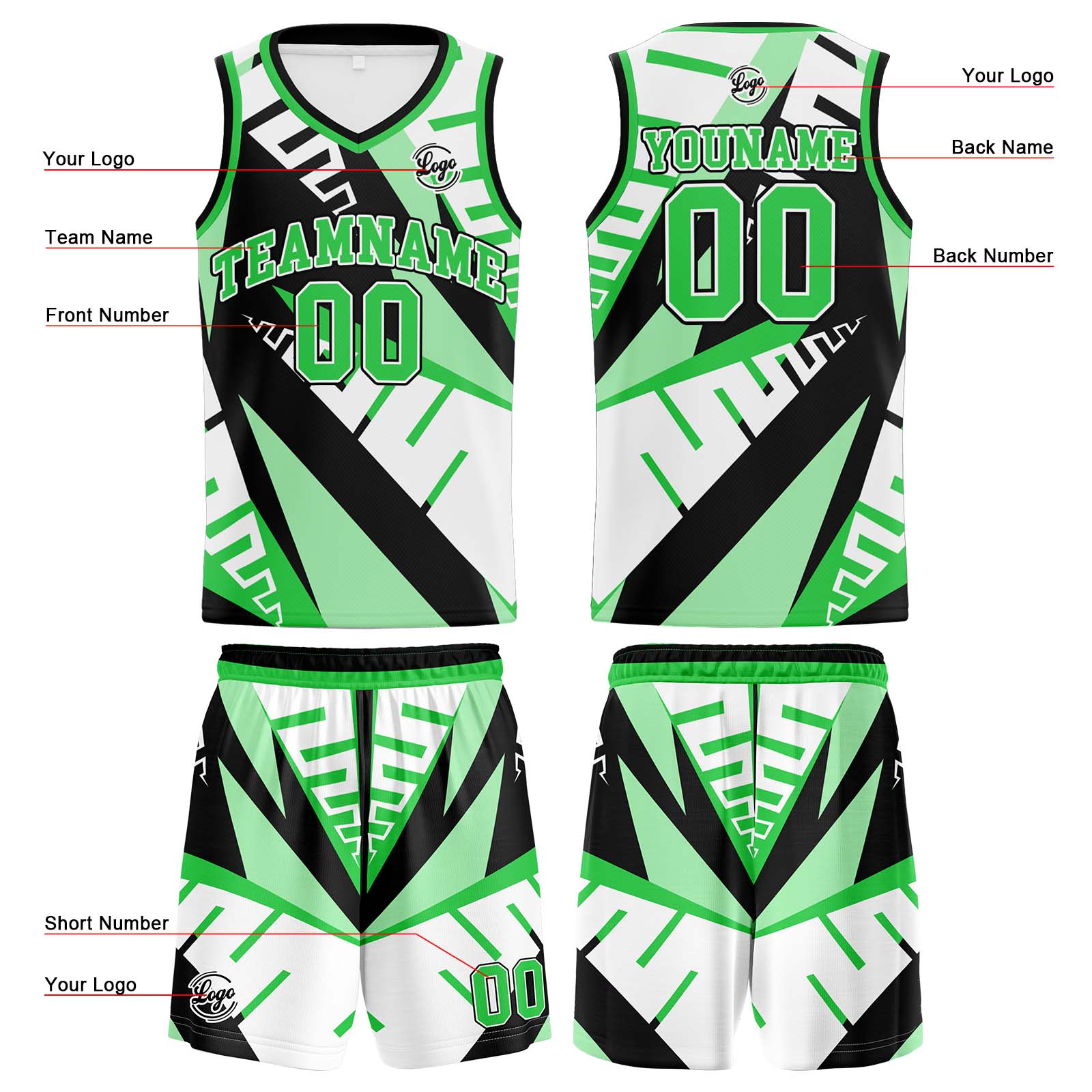 Custom White Black Green Basketball Jerseys Personalized Jersey Printed Men Women Team Jerseys Shorts with Name Logo and Number