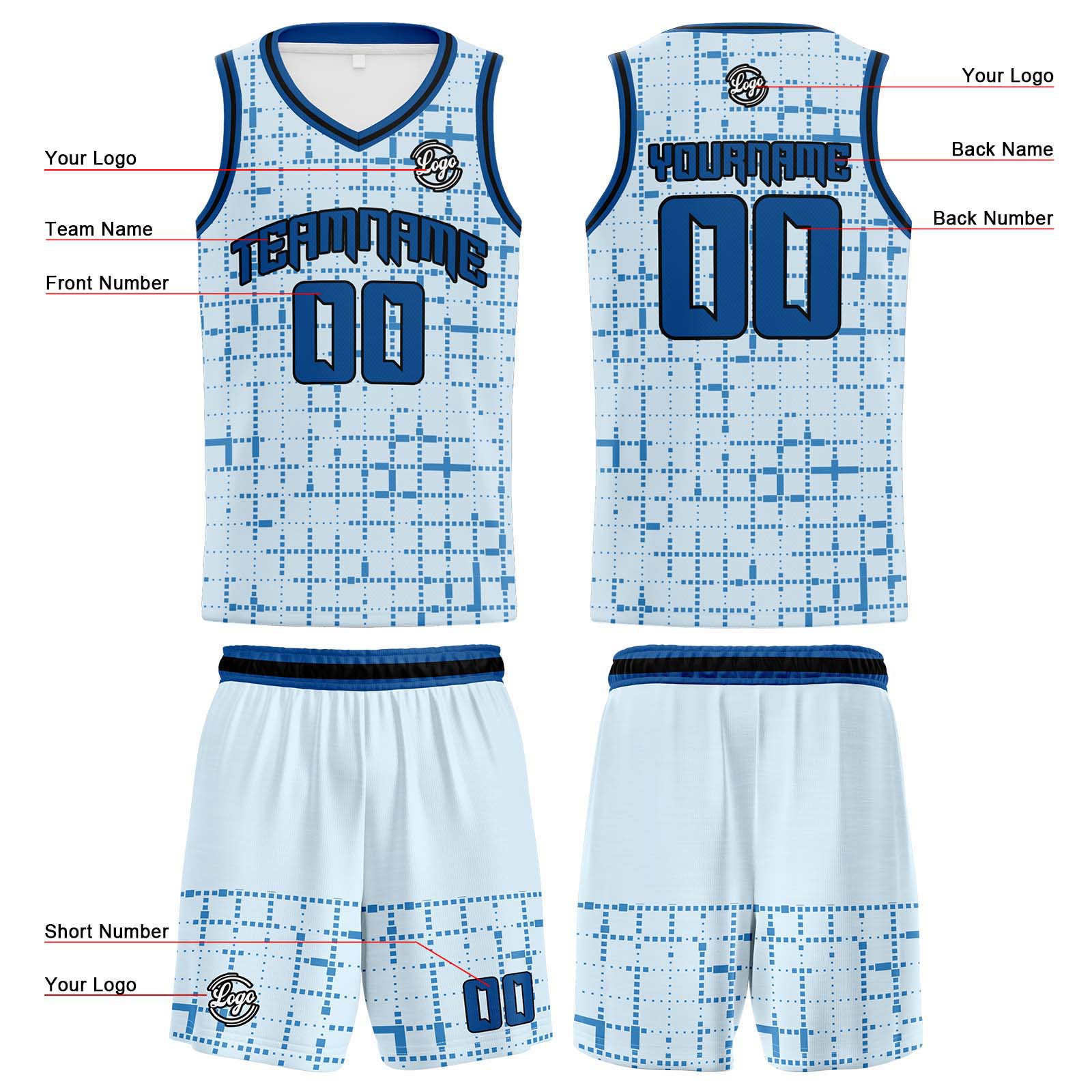 Custom Light Blue Reversible Basketball Jersey Basketball Uniform Basketball Shirts for Men Personalized Print Name Number