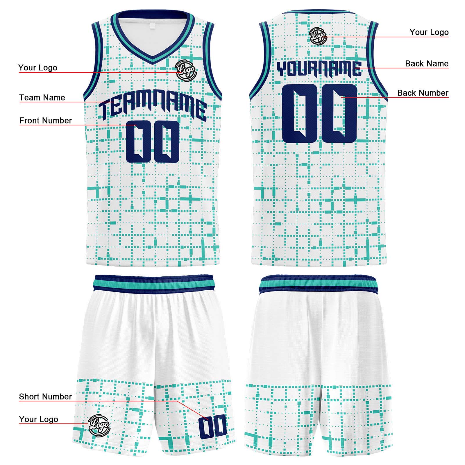 Custom White Teal Navy Reversible Basketball Jersey Basketball Uniform Basketball Shirts for Men Personalized Print Name Number