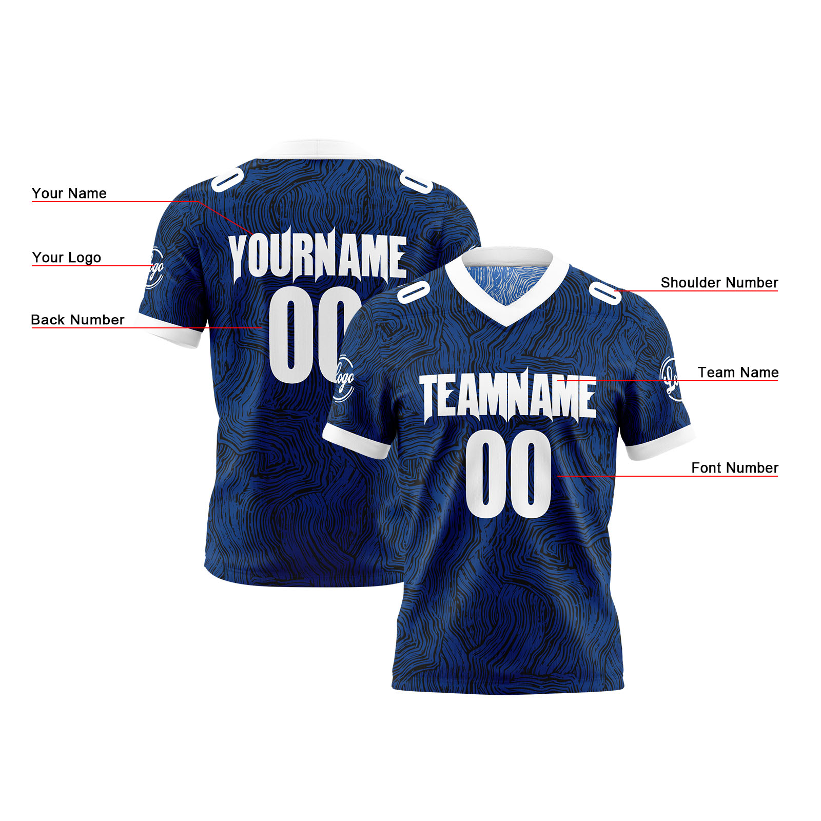 Custom Blue Black  White Reversible Football Jersey Personalized Gradient Football Shirts for Men Printed Team Name Number Logo