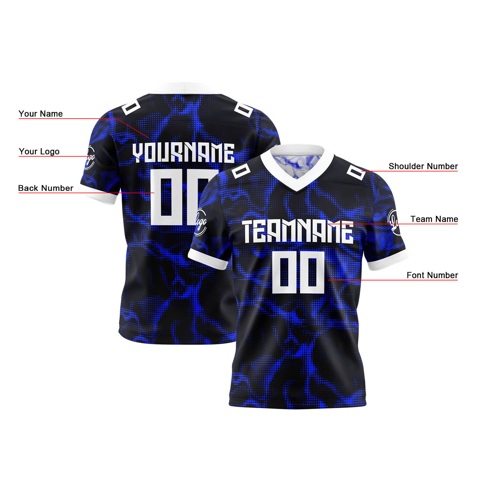 Custom Blue Black White Reversible Football Jersey Personalized Gradient Football Shirts for Men Printed Team Name Number Logo