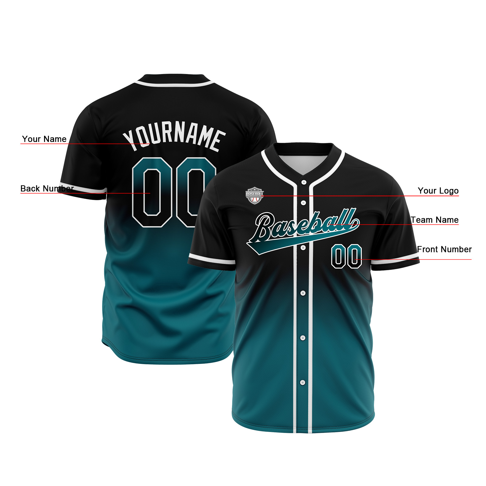 Custom Black&Green Gradient Baseball Jerseys Personalized Name Number Logo
