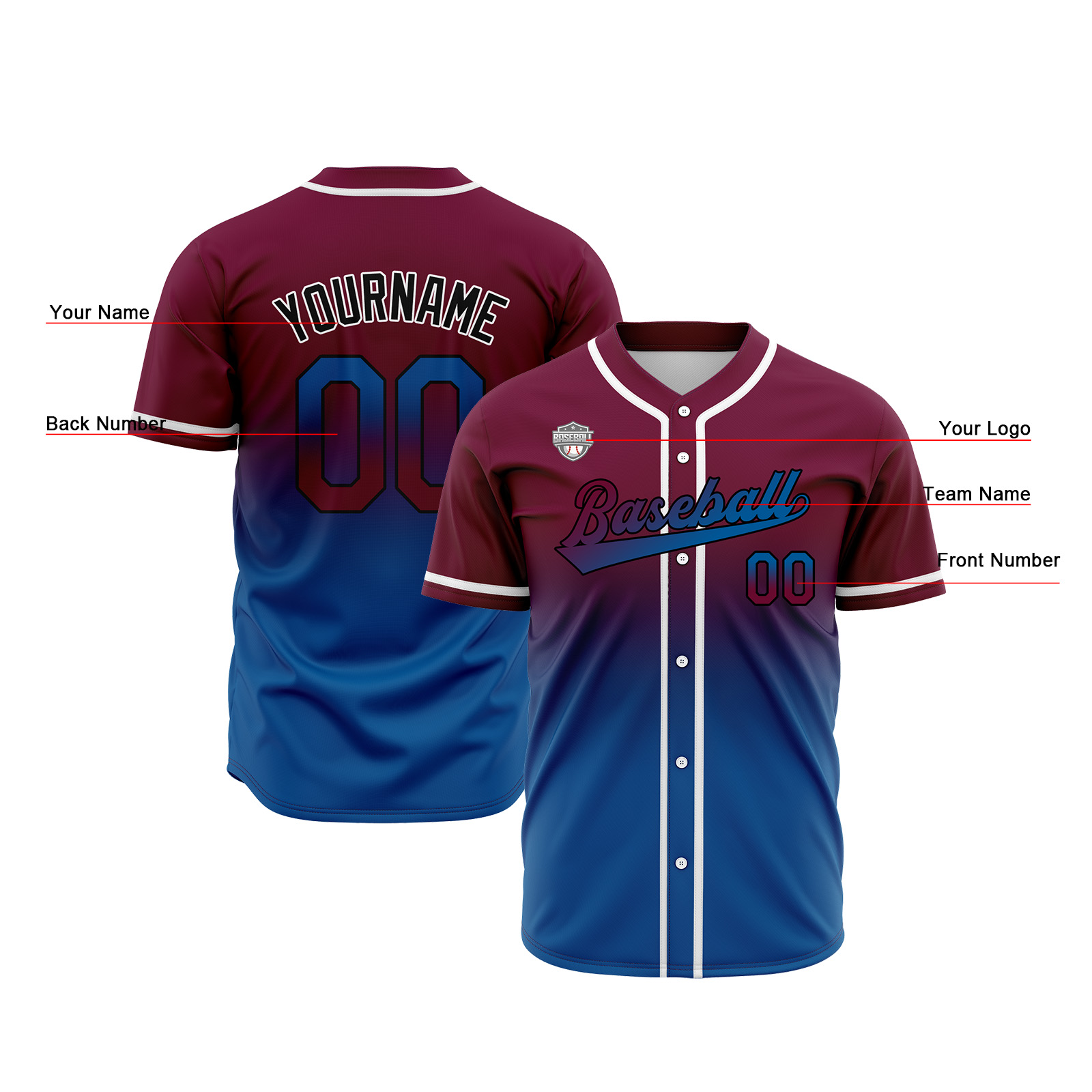 Custom Burgundy&Blue Gradient Baseball Jerseys Personalized Name Number Logo