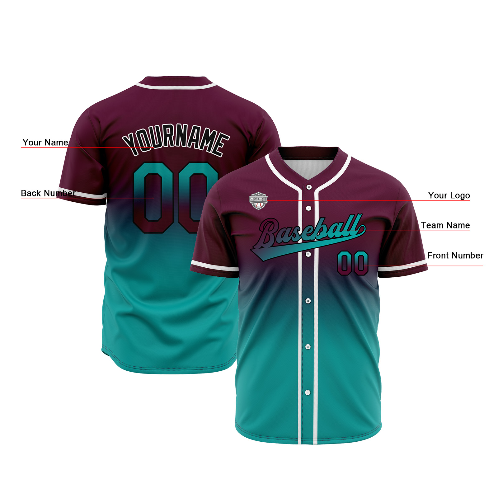 Custom Burgundy&Teal Gradient Baseball Jerseys Personalized Name Number Logo