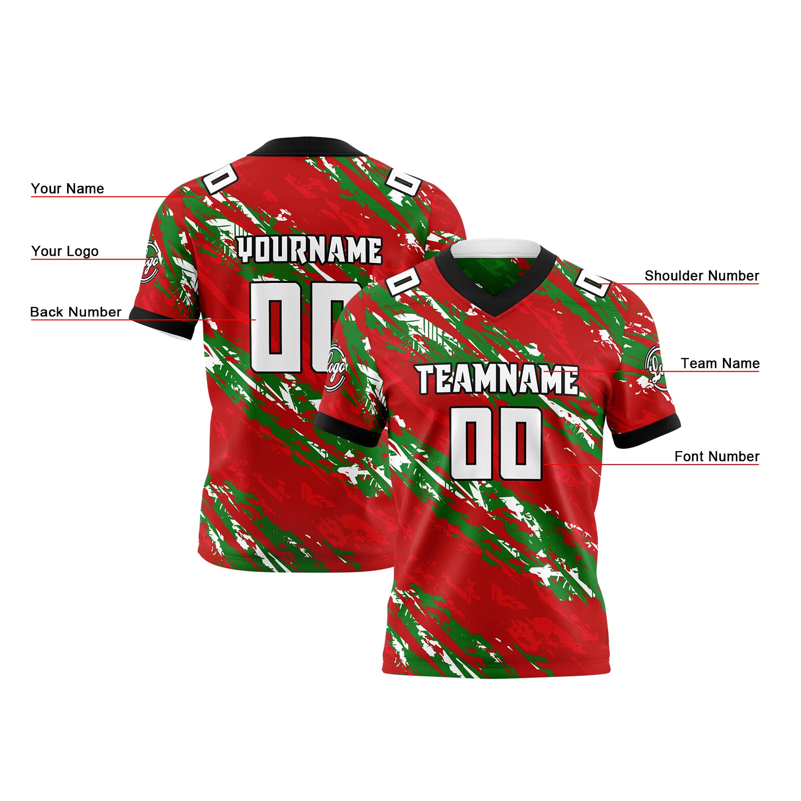 Custom Red  Green Reversible Football Jersey Personalized Gradient Football Shirts for Men Printed Team Name Number Logo