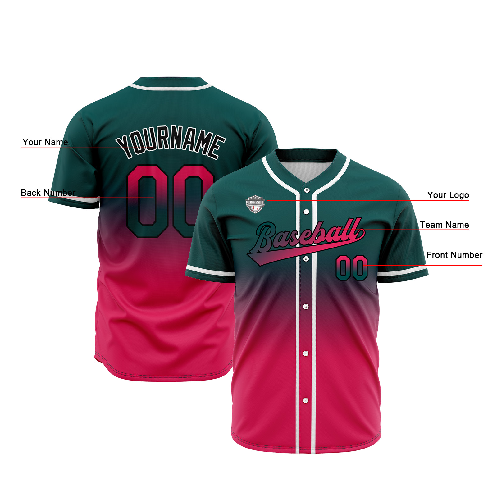 Custom Dark Green&Pink Gradient Baseball Jerseys Personalized Name Number Logo