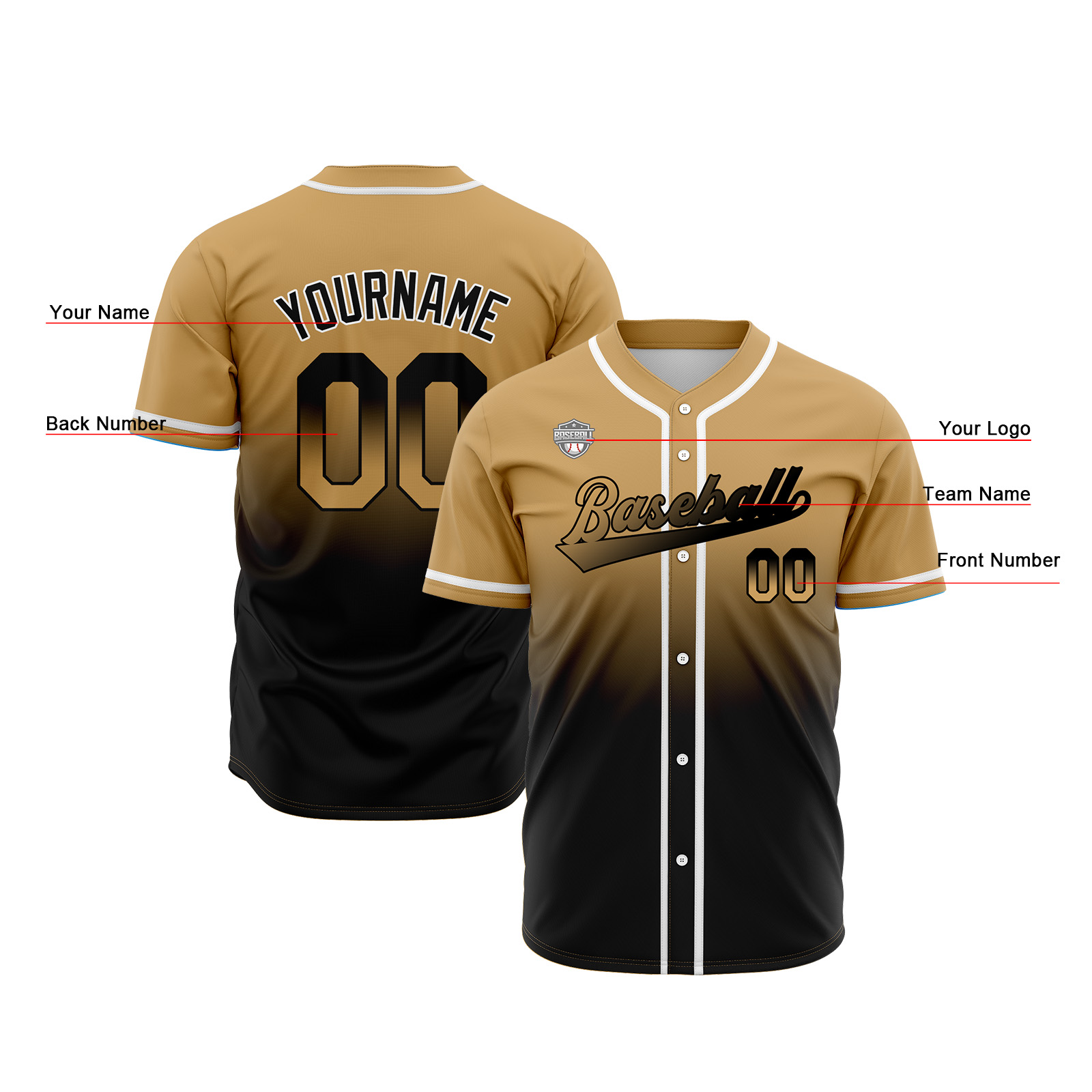 Custom Gold&Black Gradient Baseball Jerseys Personalized Name Number Logo