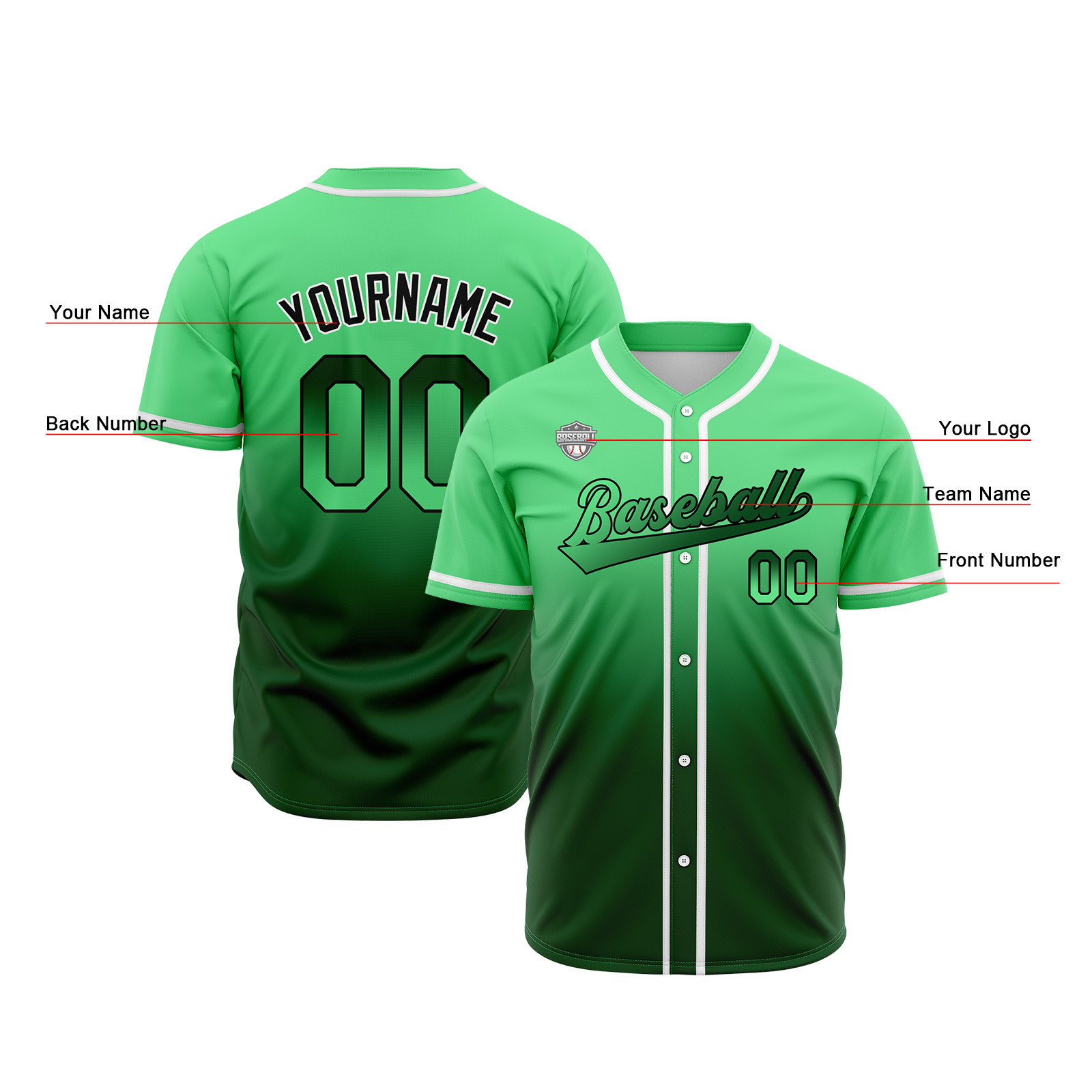 Custom Green Gradient Baseball Jerseys Personalized Name Number Logo