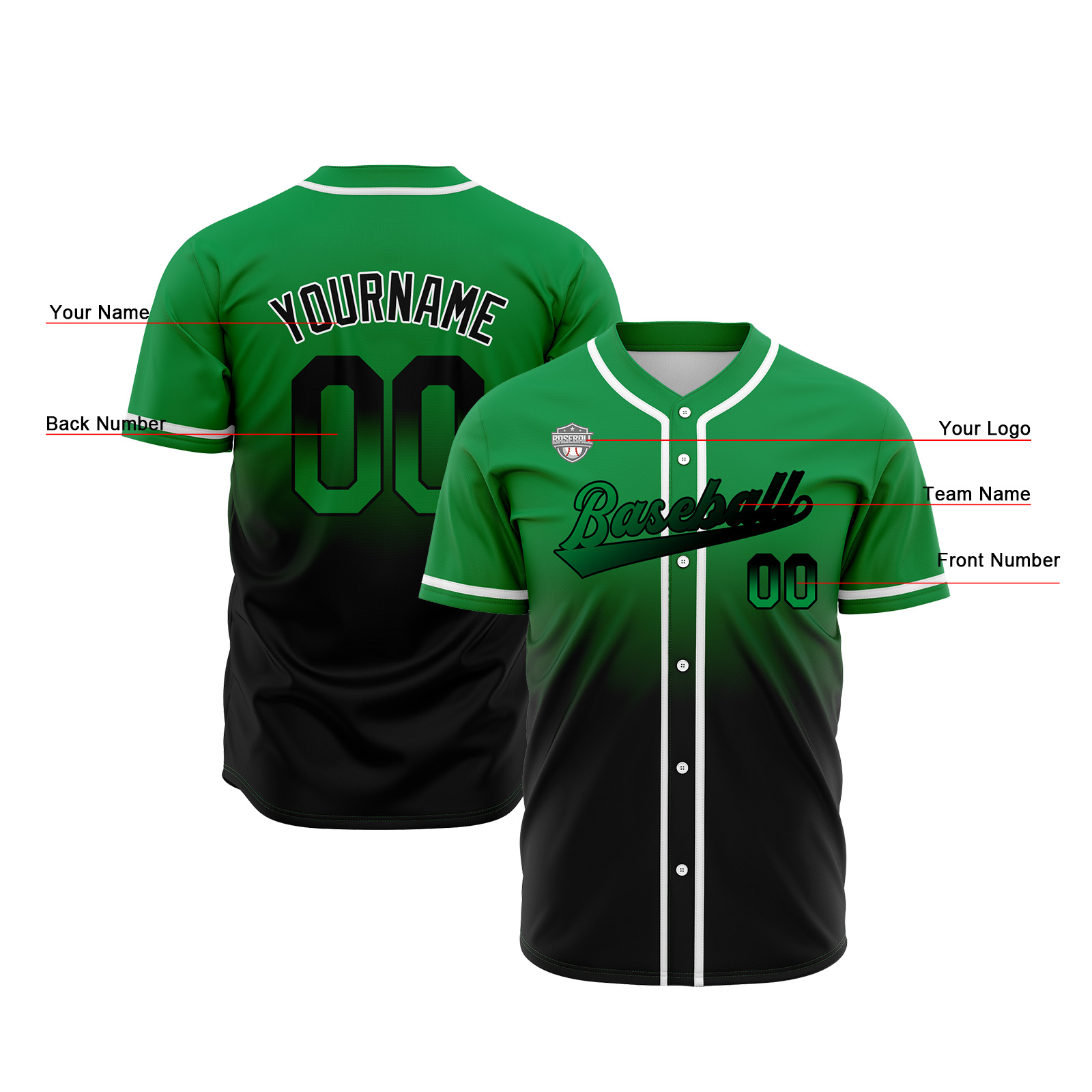 Custom Green&Black Gradient Baseball Jerseys Personalized Name Number Logo
