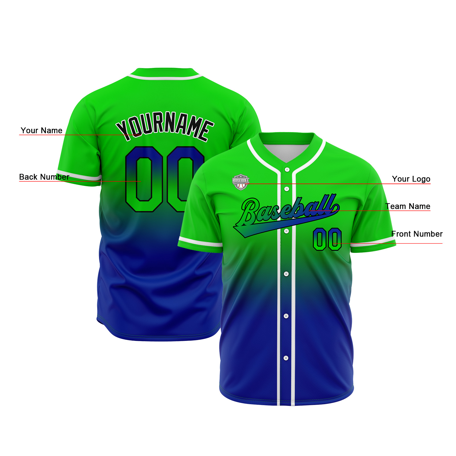 Custom Green&Blue Gradient Baseball Jerseys Personalized Name Number Logo
