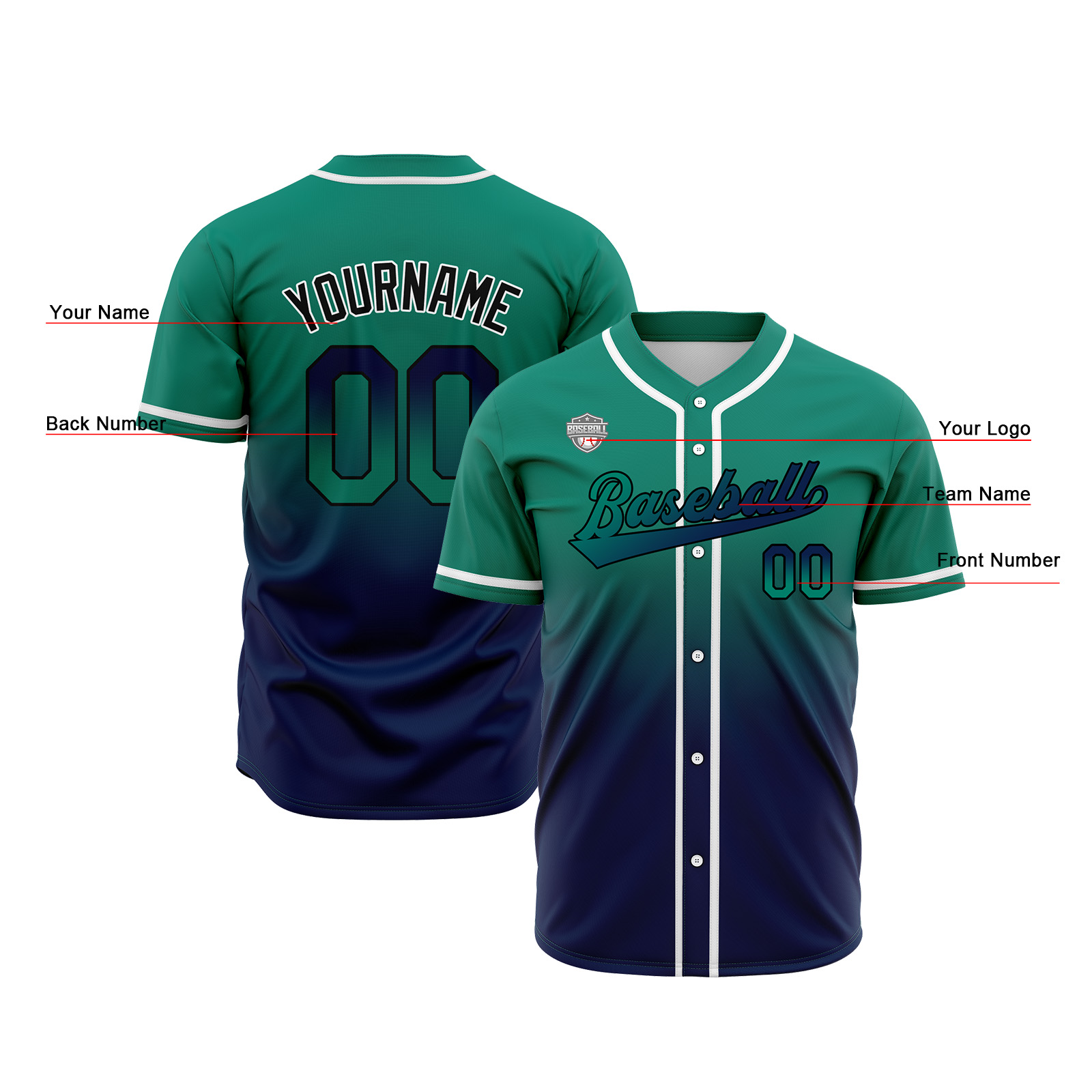 Custom Green&Navy Gradient Baseball Jerseys Personalized Name Number Logo