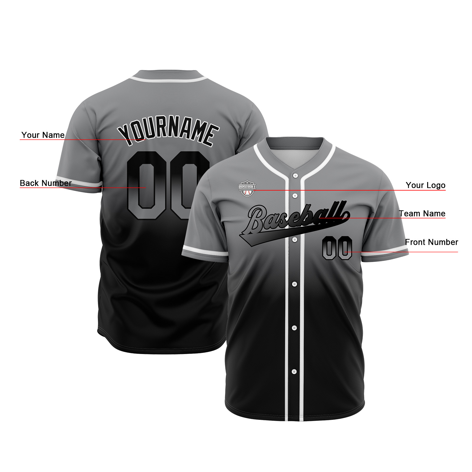 Custom Grey&Black Gradient Baseball Jerseys Personalized Name Number Logo