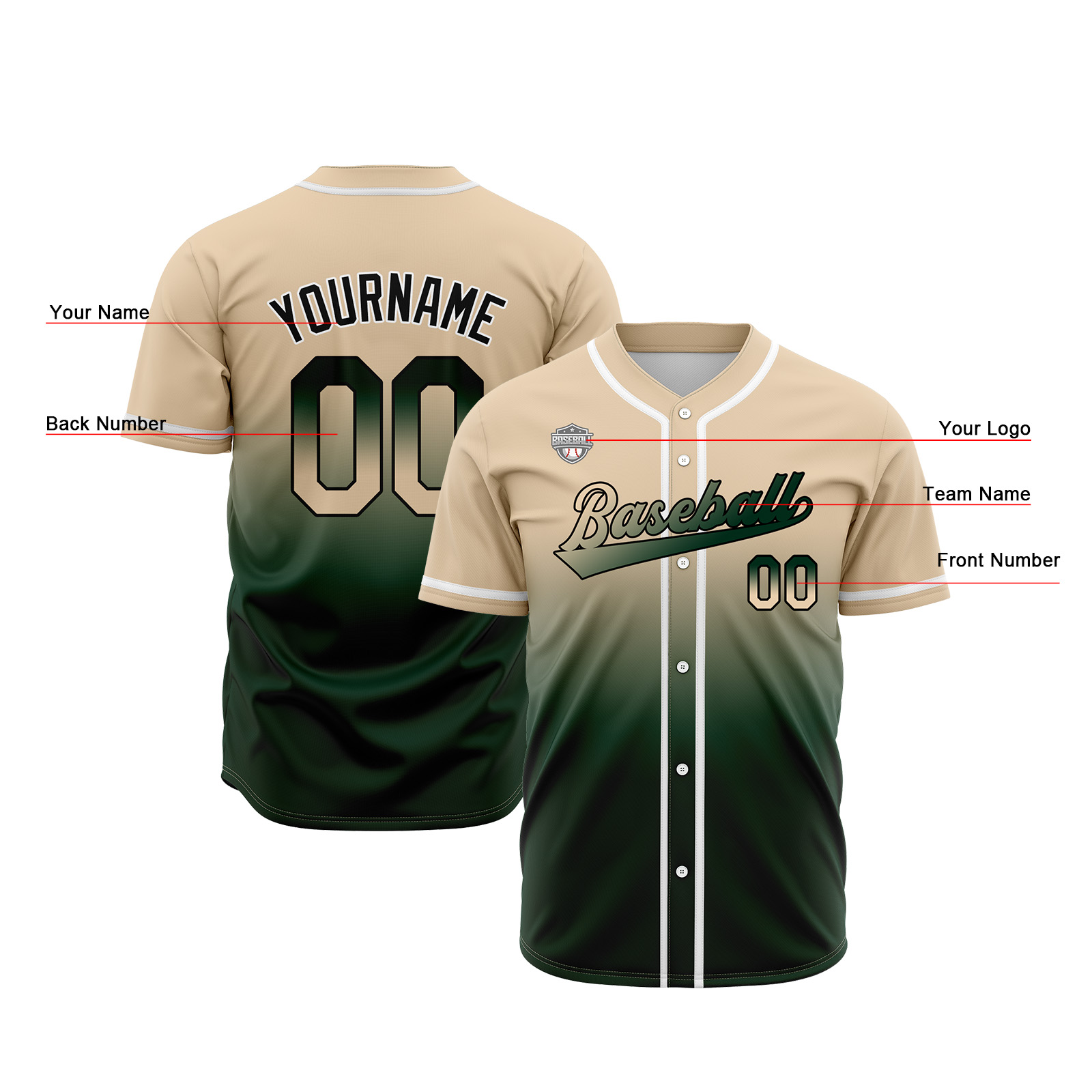 Custom Khaki&Dark Green Gradient Baseball Jerseys Personalized Name Number Logo