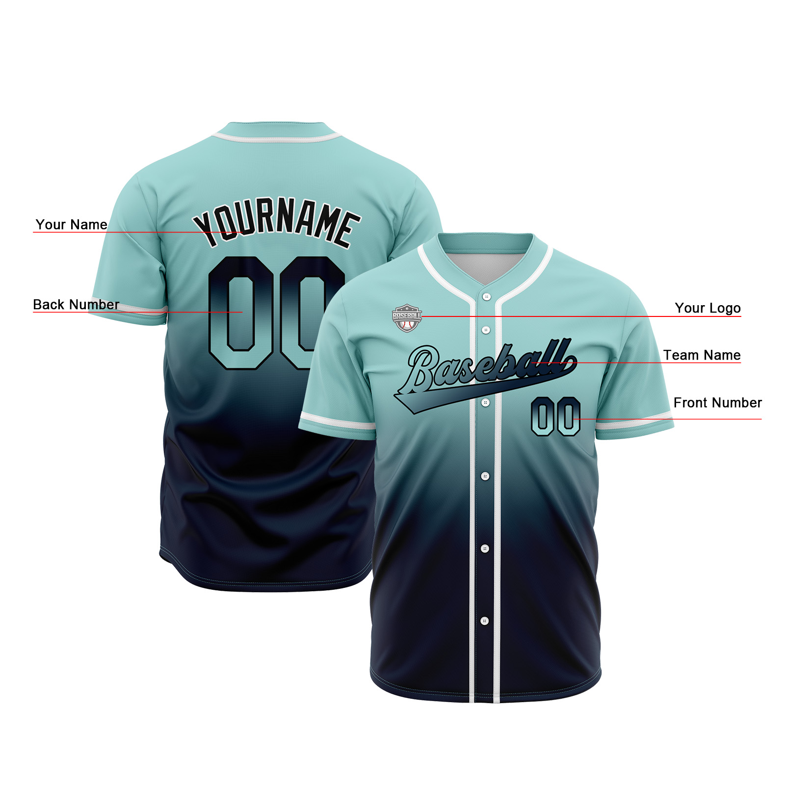 Custom Light Teal&Navy Gradient Baseball Jerseys Personalized Name Number Logo