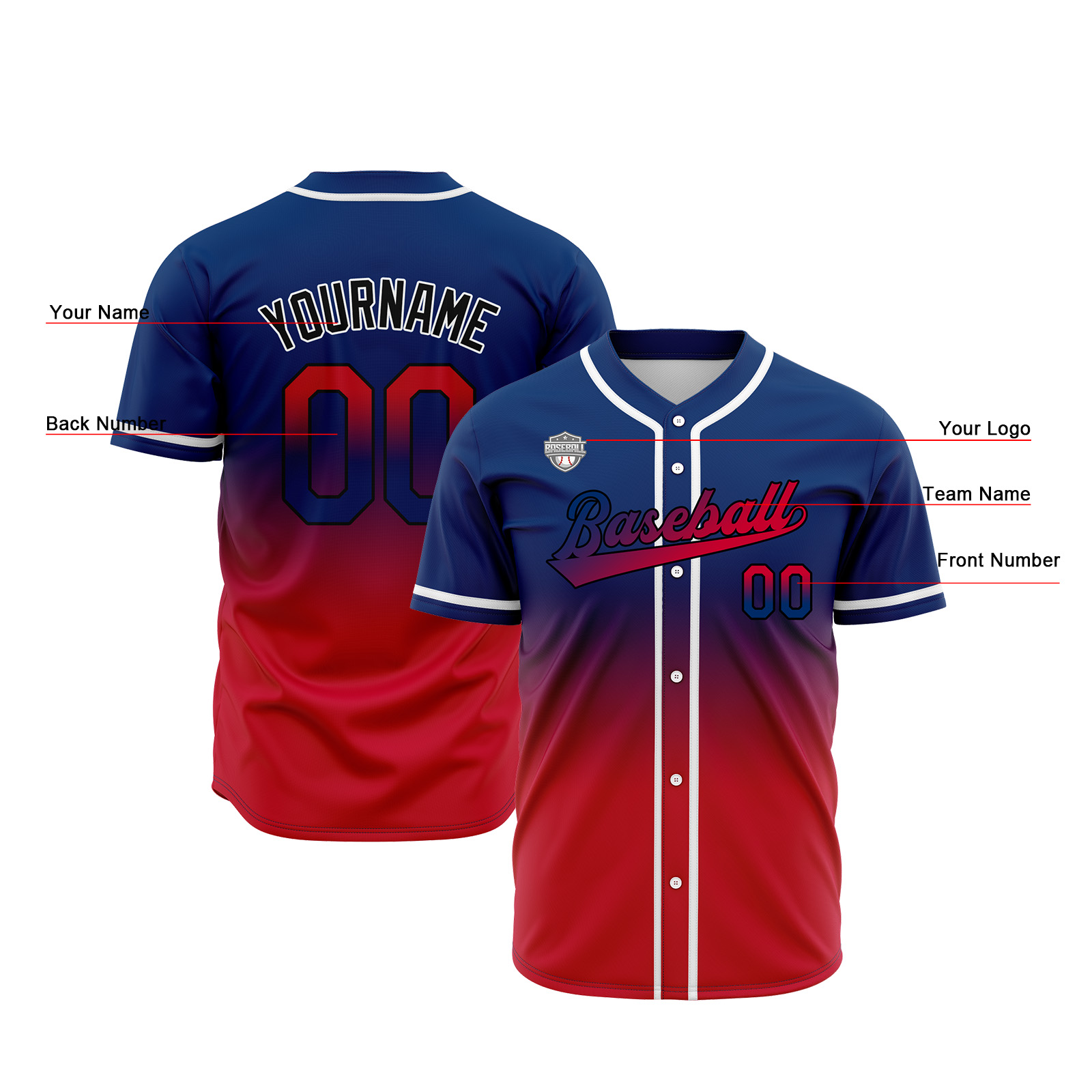 Custom Navy&Red Gradient Baseball Jerseys Personalized Name Number Logo