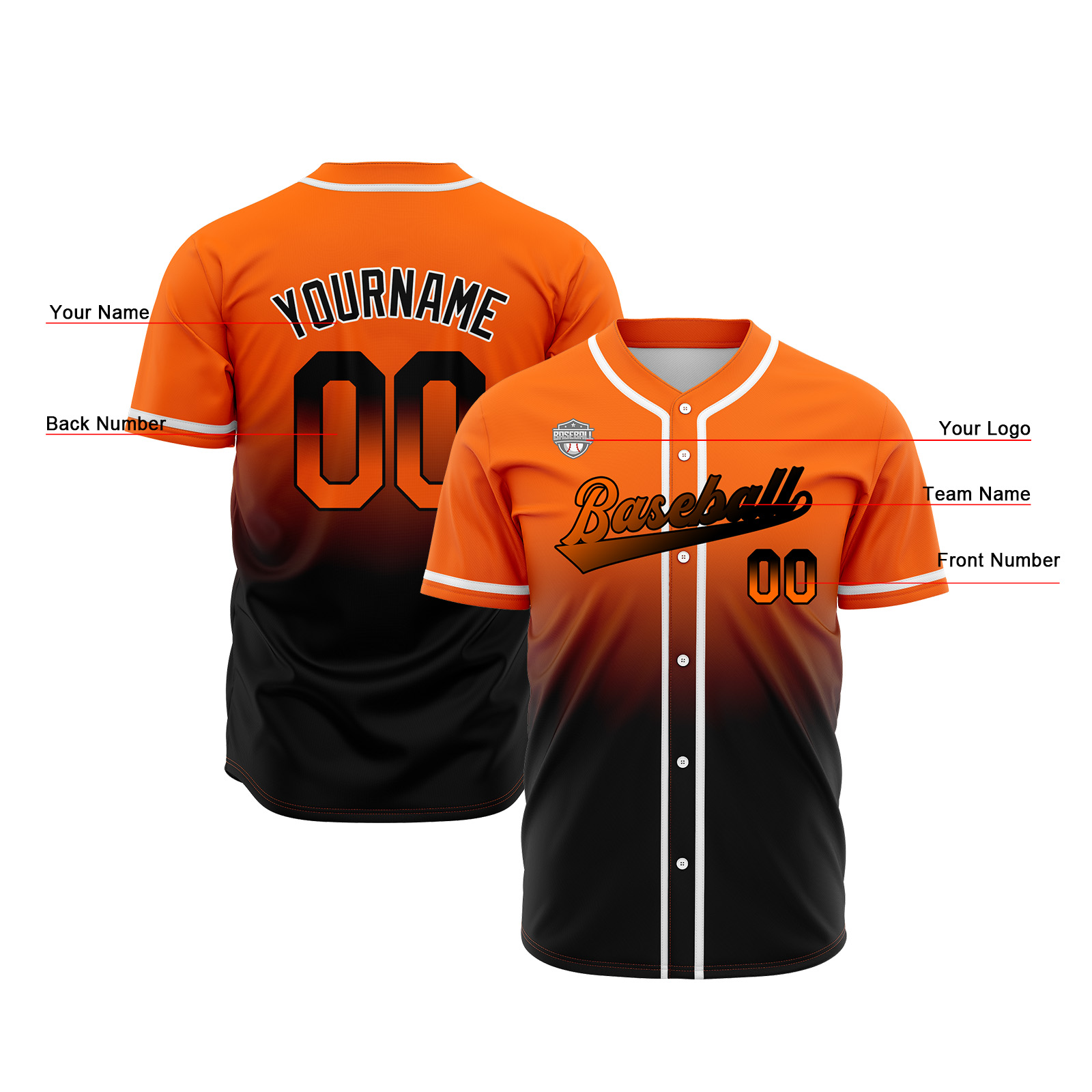 Custom Orange&Black Gradient Baseball Jerseys Personalized Name Number Logo