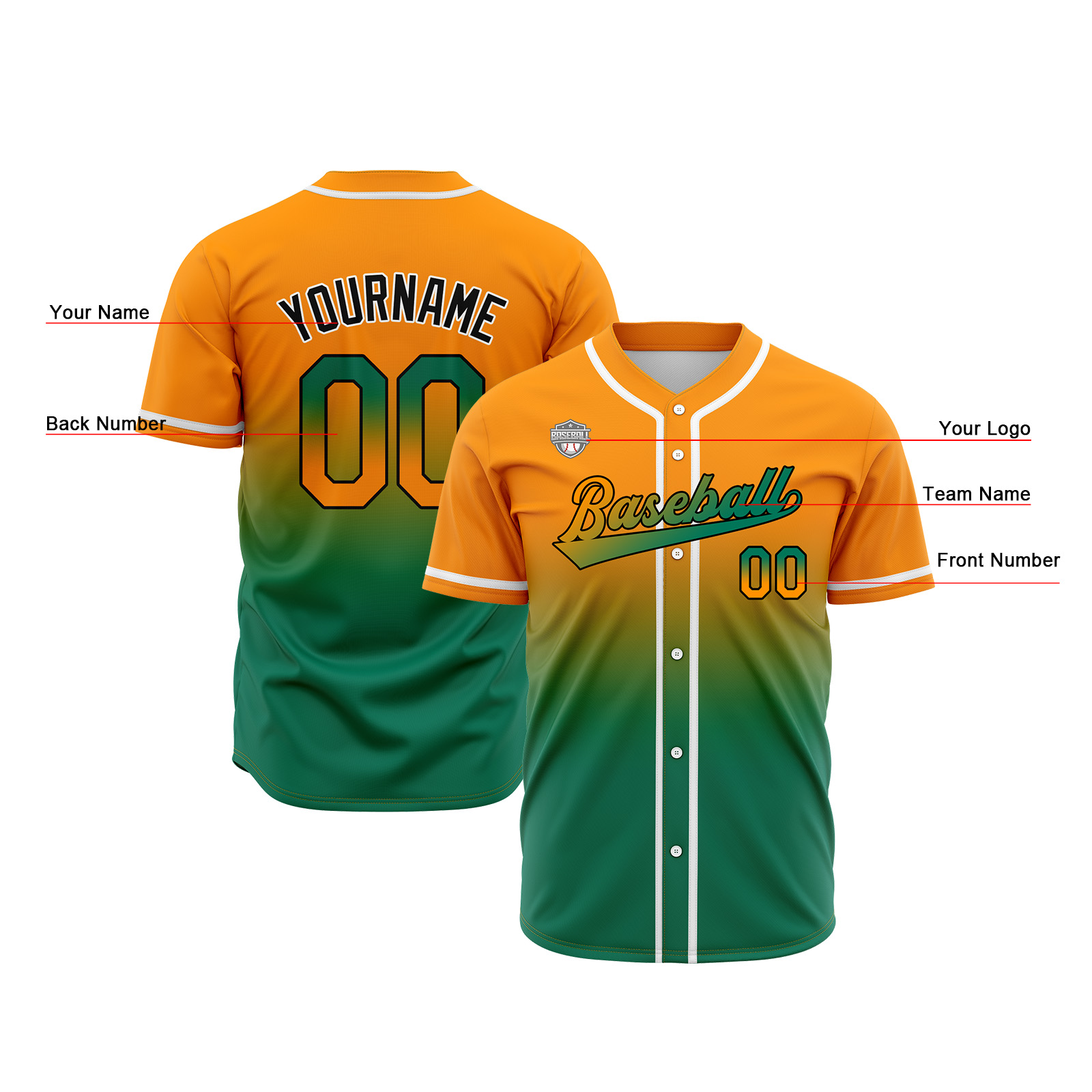 Custom Orange&Green Gradient Baseball Jerseys Personalized Name Number Logo