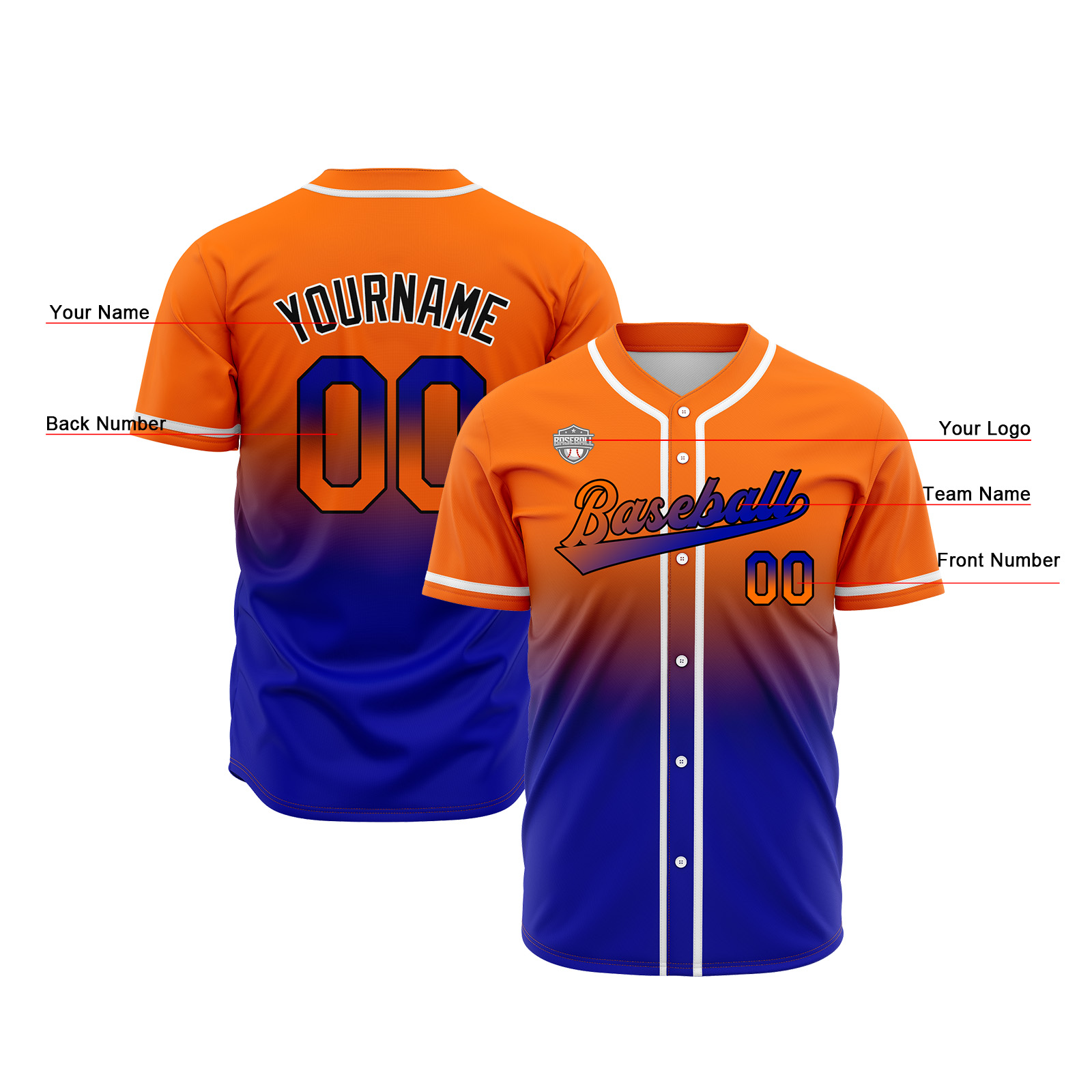 Custom Orange&Royal Gradient Baseball Jerseys Personalized Name Number Logo