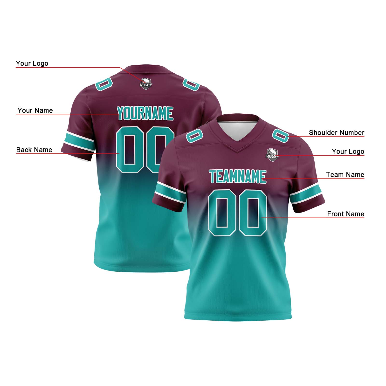 Custom Burgundy&Teal Gradient Football Jerseys Personalized Name Number Logo