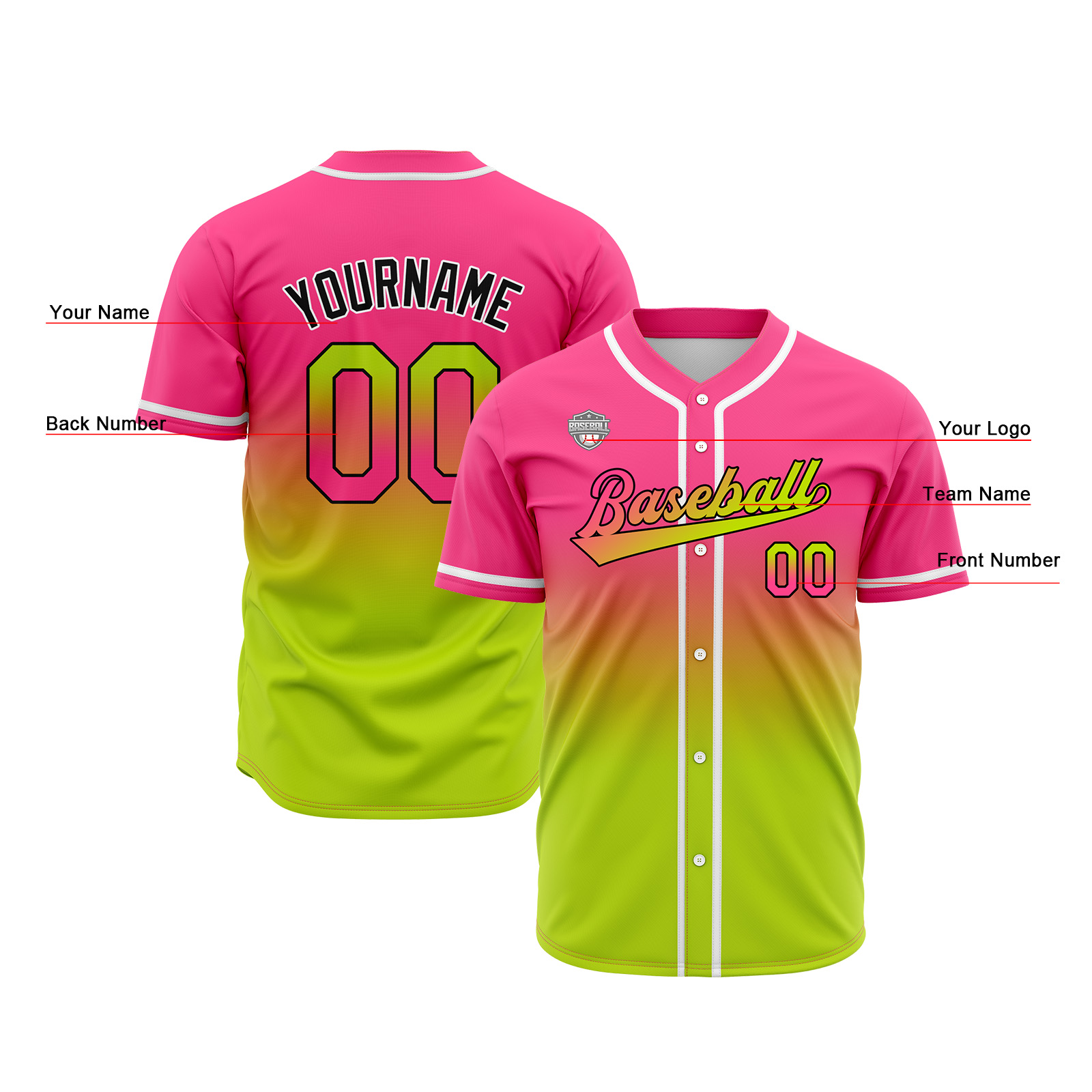 Custom Pink&Chartreuse Gradient Baseball Jerseys Personalized Name Number Logo