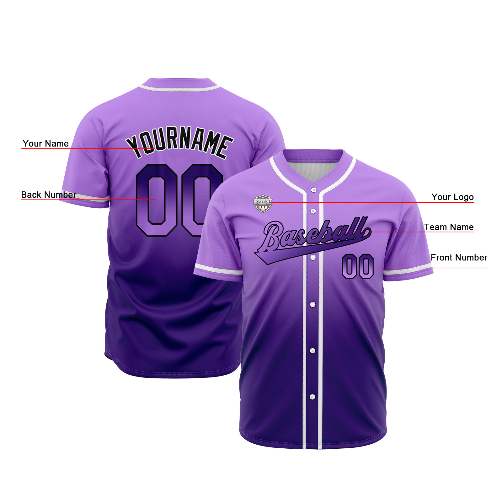 Custom Purple Gradient Baseball Jerseys Personalized Name Number Logo