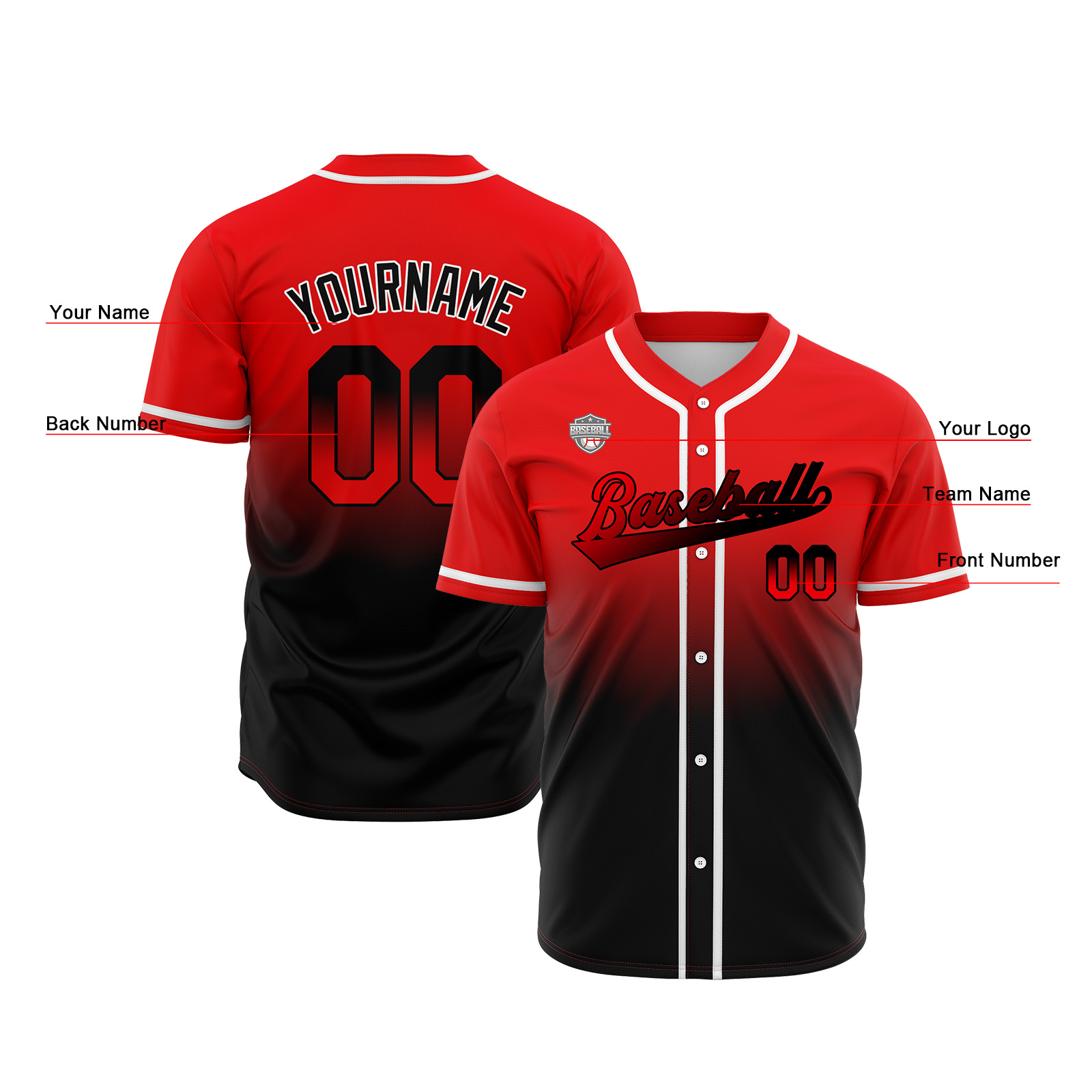 Custom Red&Black Gradient Baseball Jerseys Personalized Name Number Logo