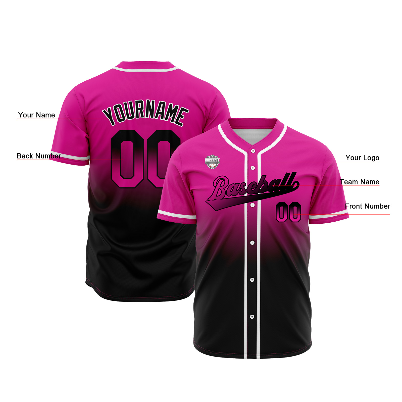 Custom Rose&Black Gradient Baseball Jerseys Personalized Name Number Logo