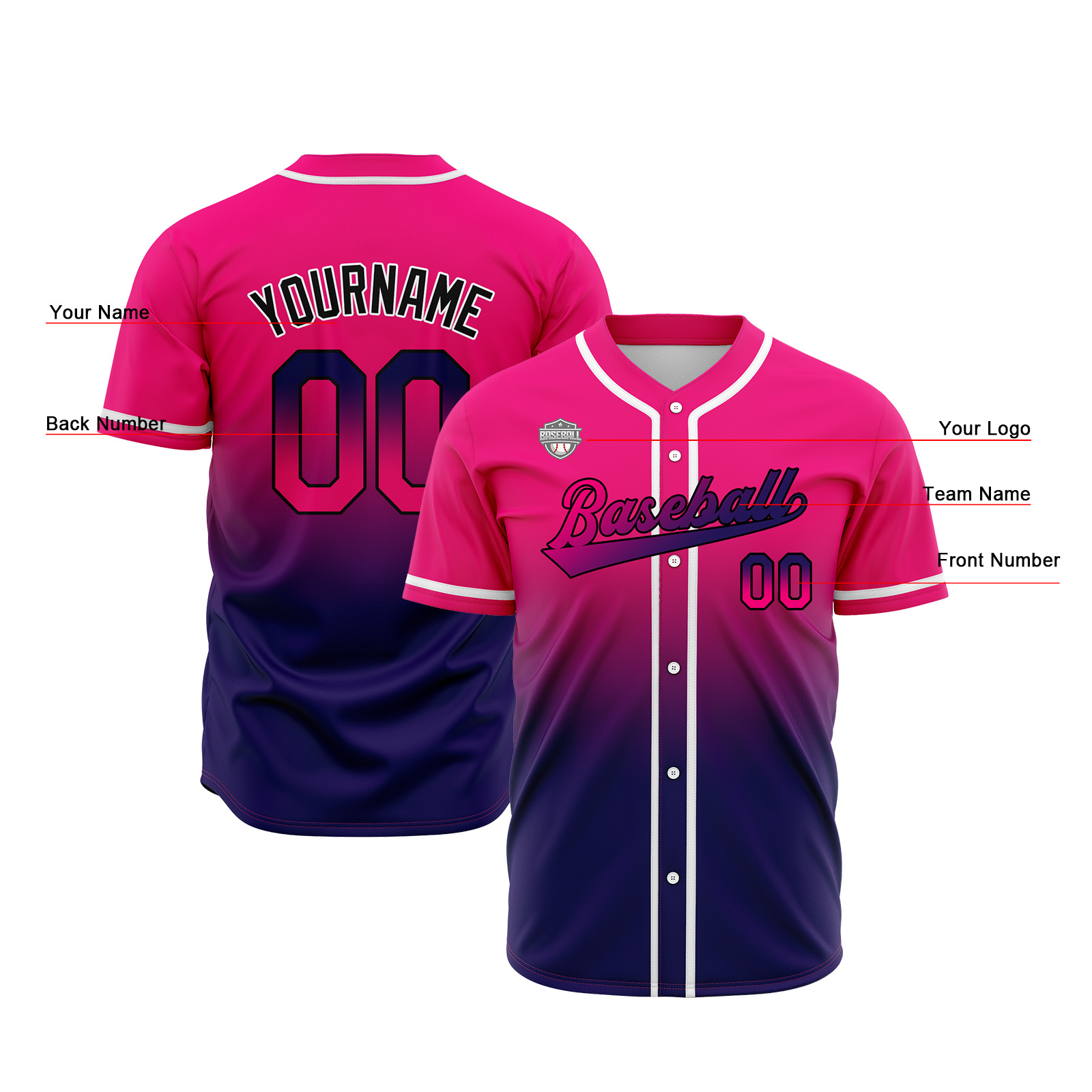 Custom Rose&Dark Purple Gradient Baseball Jerseys Personalized Name Number Logo