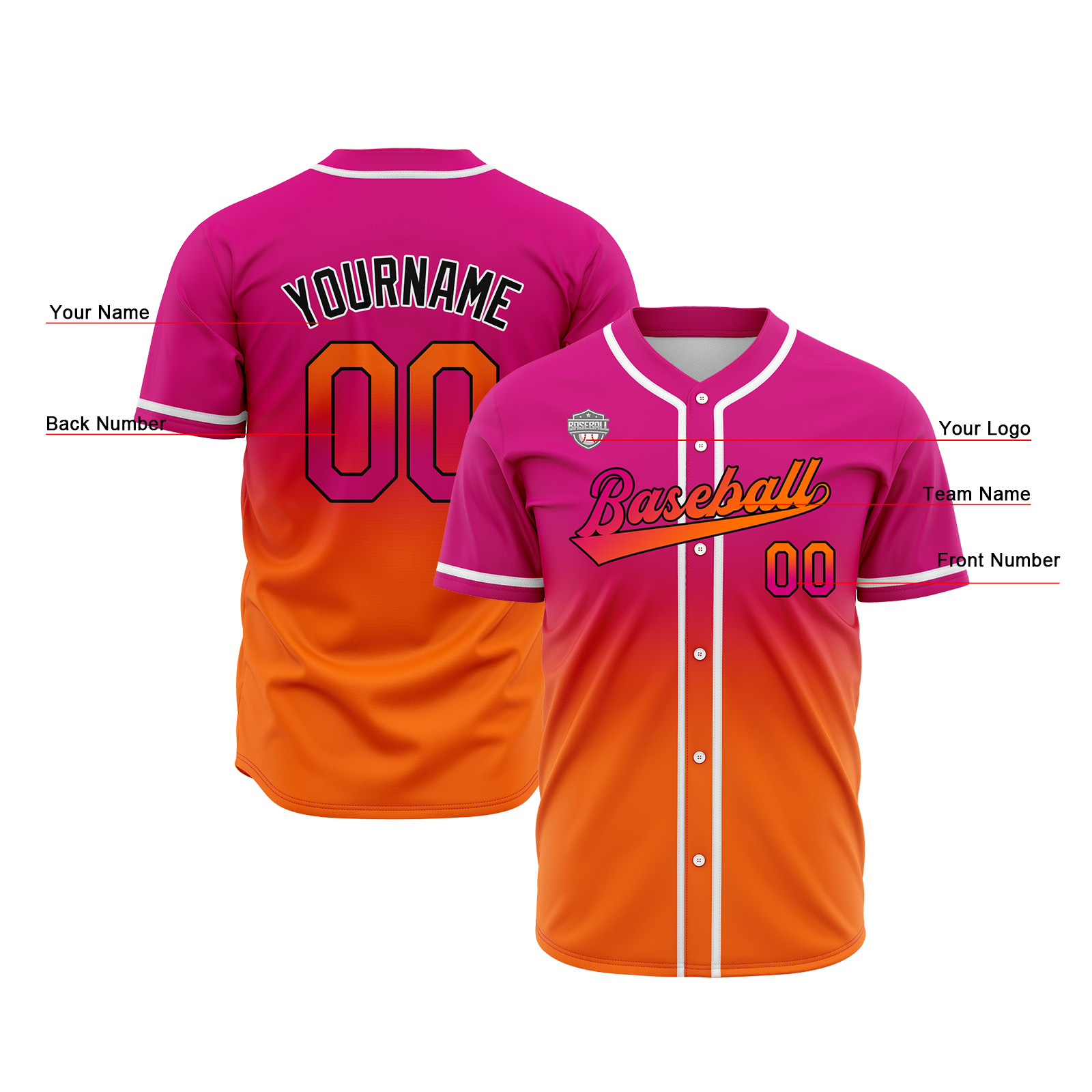 Custom Rose&Orange Gradient Baseball Jerseys Personalized Name Number Logo