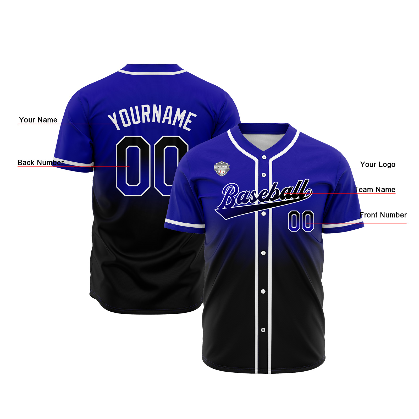 Custom Royal&Black Gradient Baseball Jerseys Personalized Name Number Logo