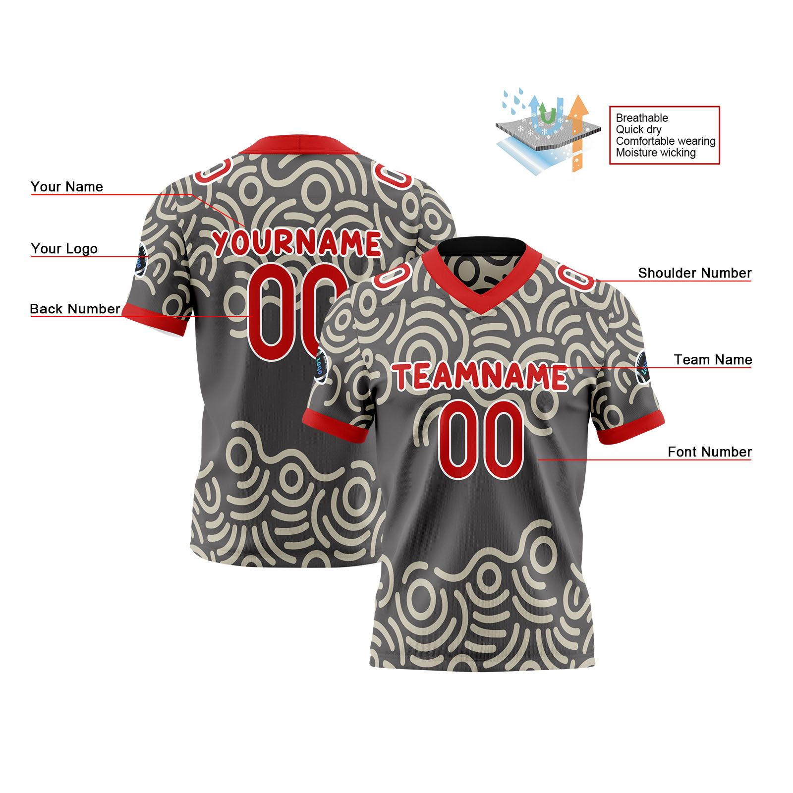 Custom Gray Red Reversible Football Jersey Personalized Gradient Football Shirts for Men Printed Team Name Number Logo