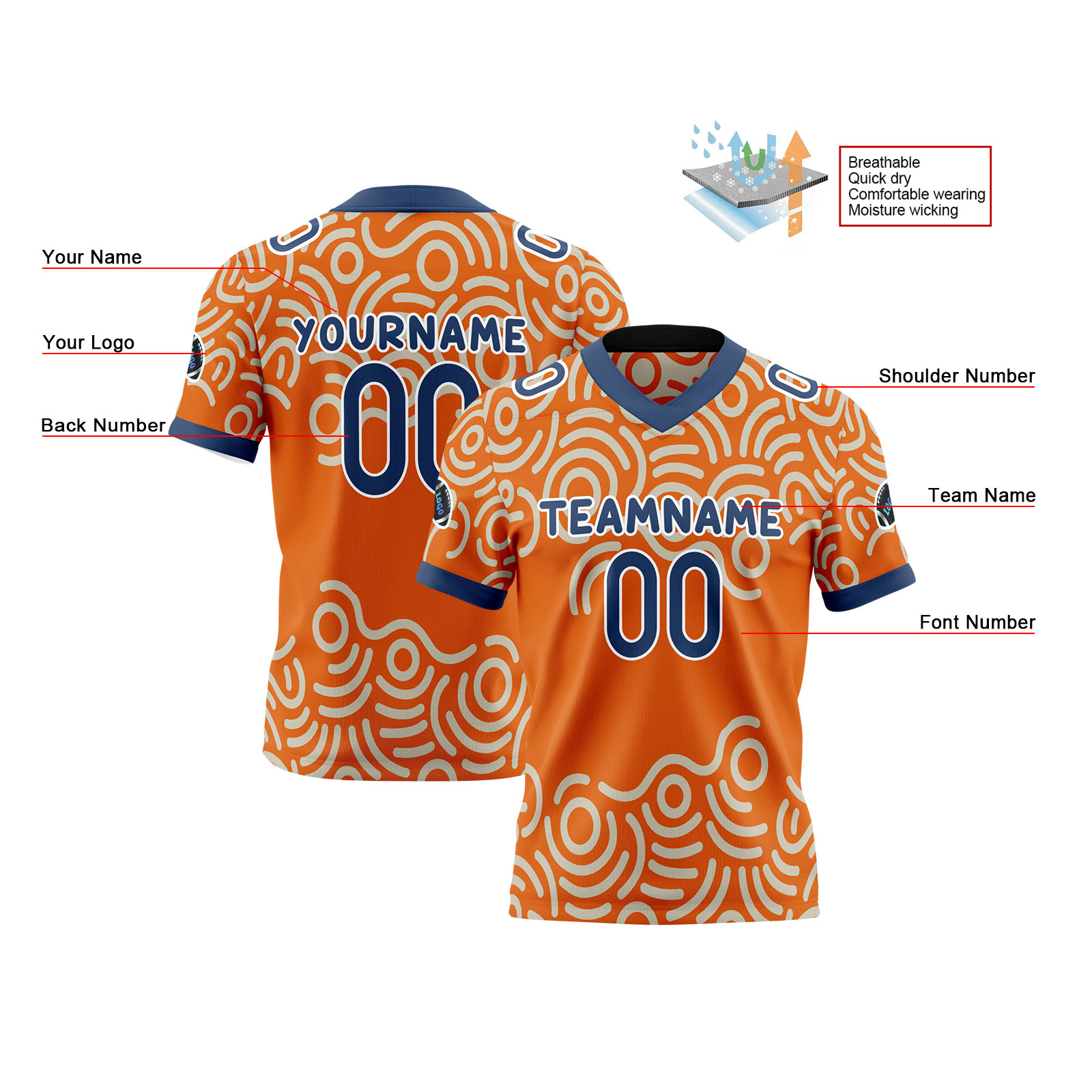 Custom Orange Blue Reversible Football Jersey Personalized Gradient Football Shirts for Men Printed Team Name Number Logo