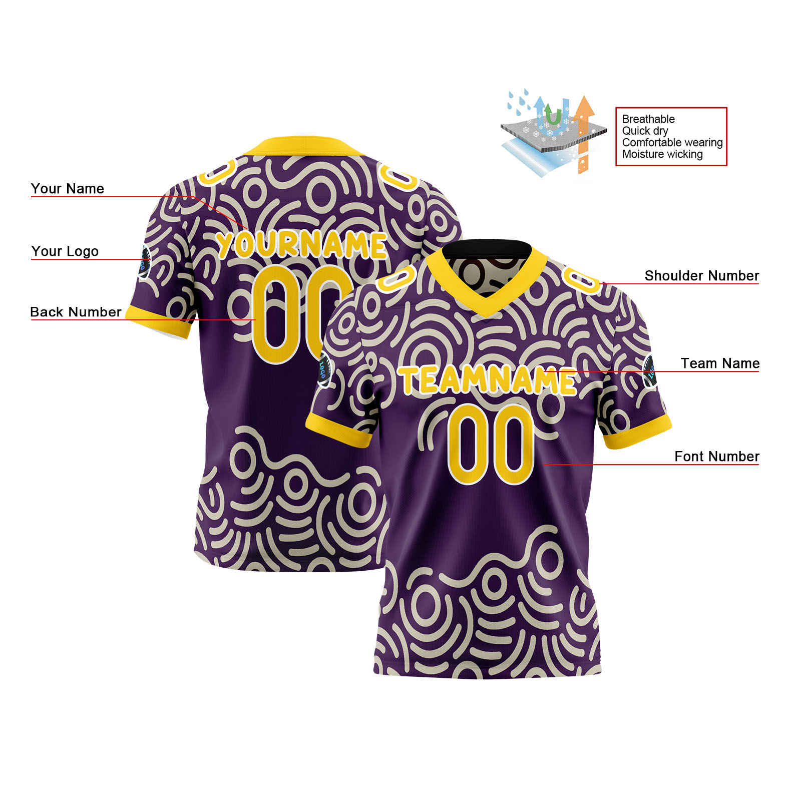 Custom Purple Yellow Reversible Football Jersey Personalized Gradient Football Shirts for Men Printed Team Name Number Logo