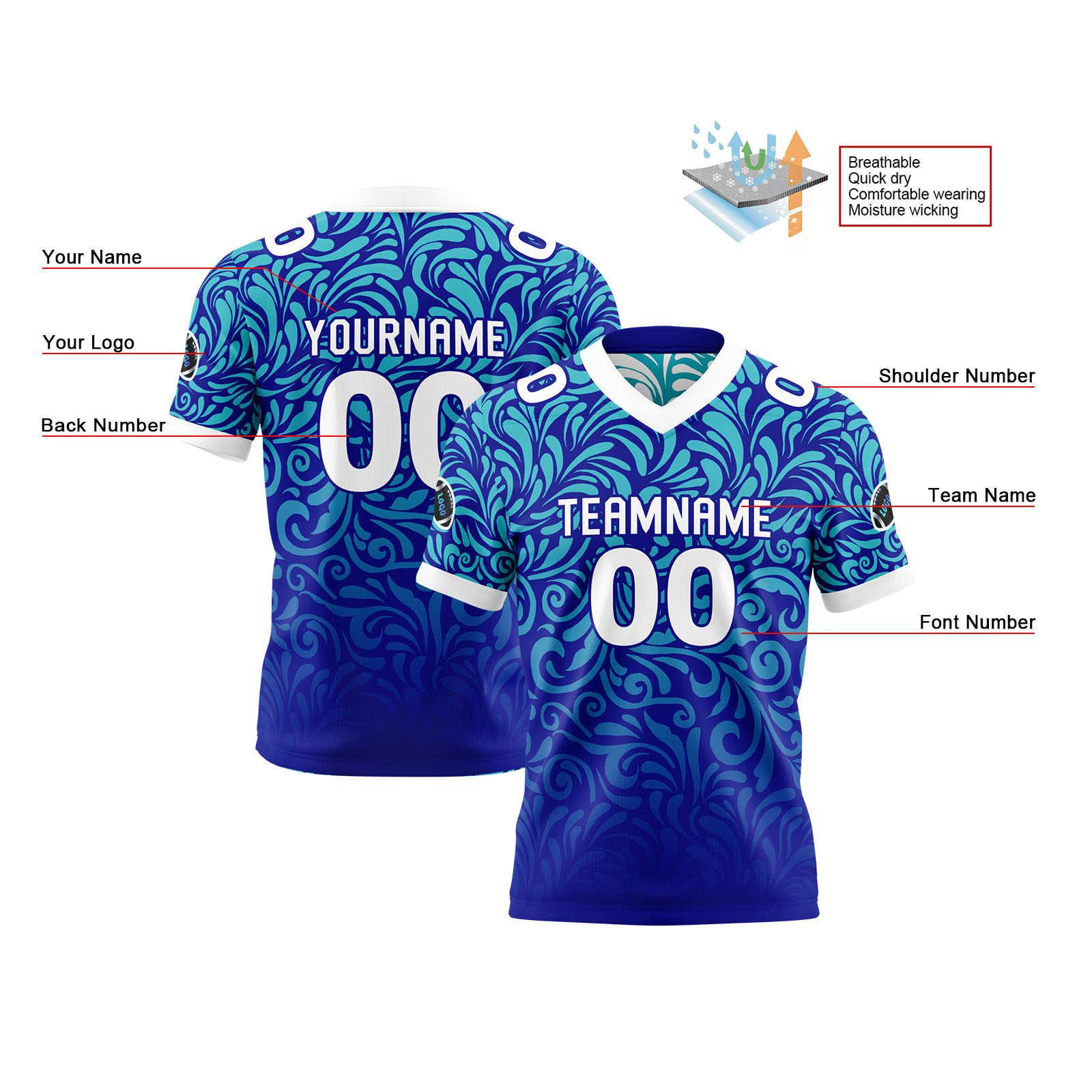 Custom Blue White Reversible Football Jersey Personalized Gradient Football Shirts for Men Printed Team Name Number Logo
