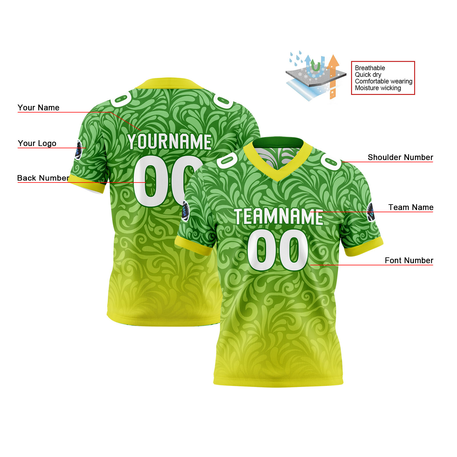 Custom Green Yellow Reversible Football Jersey Personalized Gradient Football Shirts for Men Printed Team Name Number Logo
