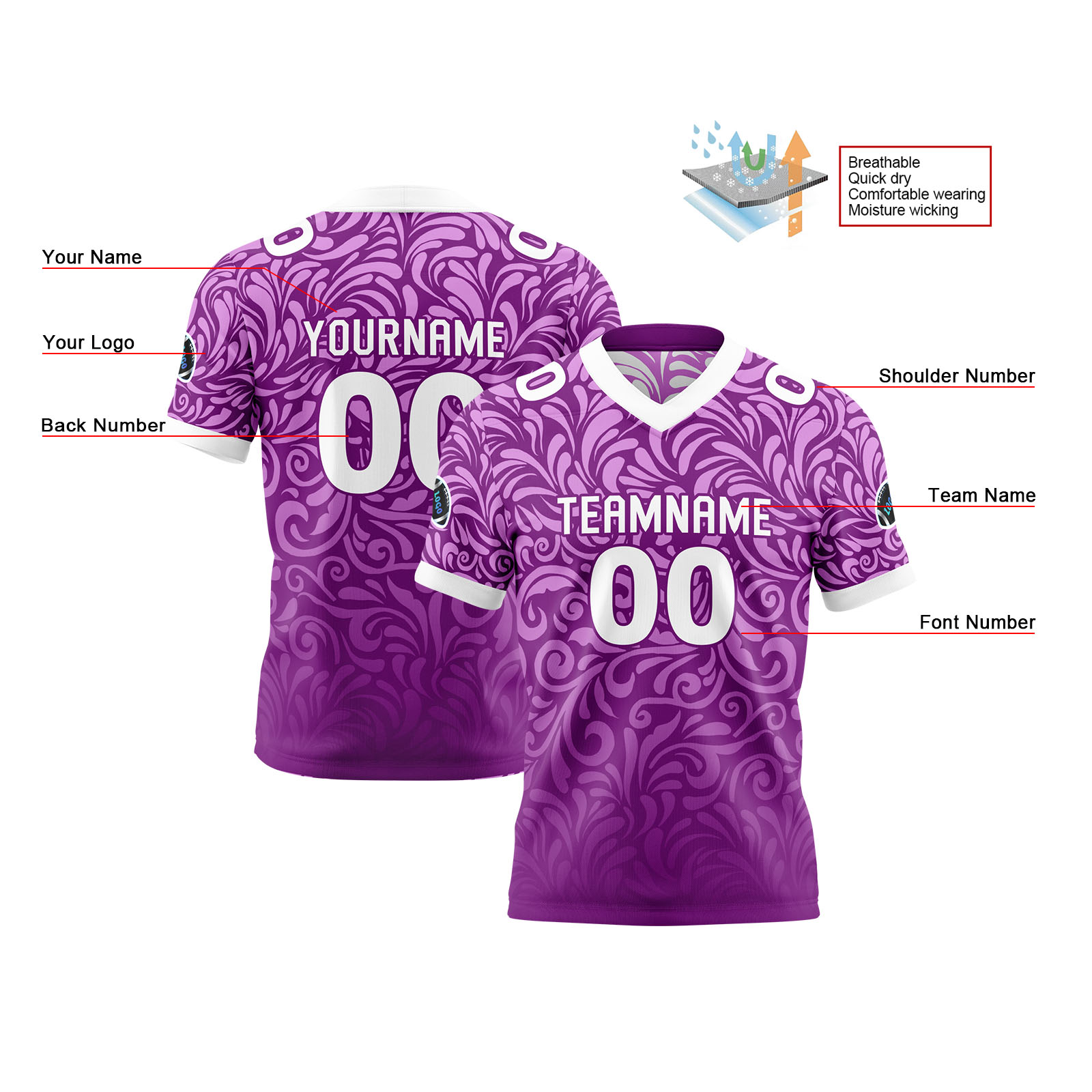 Custom Purple White Reversible Football Jersey Personalized Gradient Football Shirts for Men Printed Team Name Number Logo