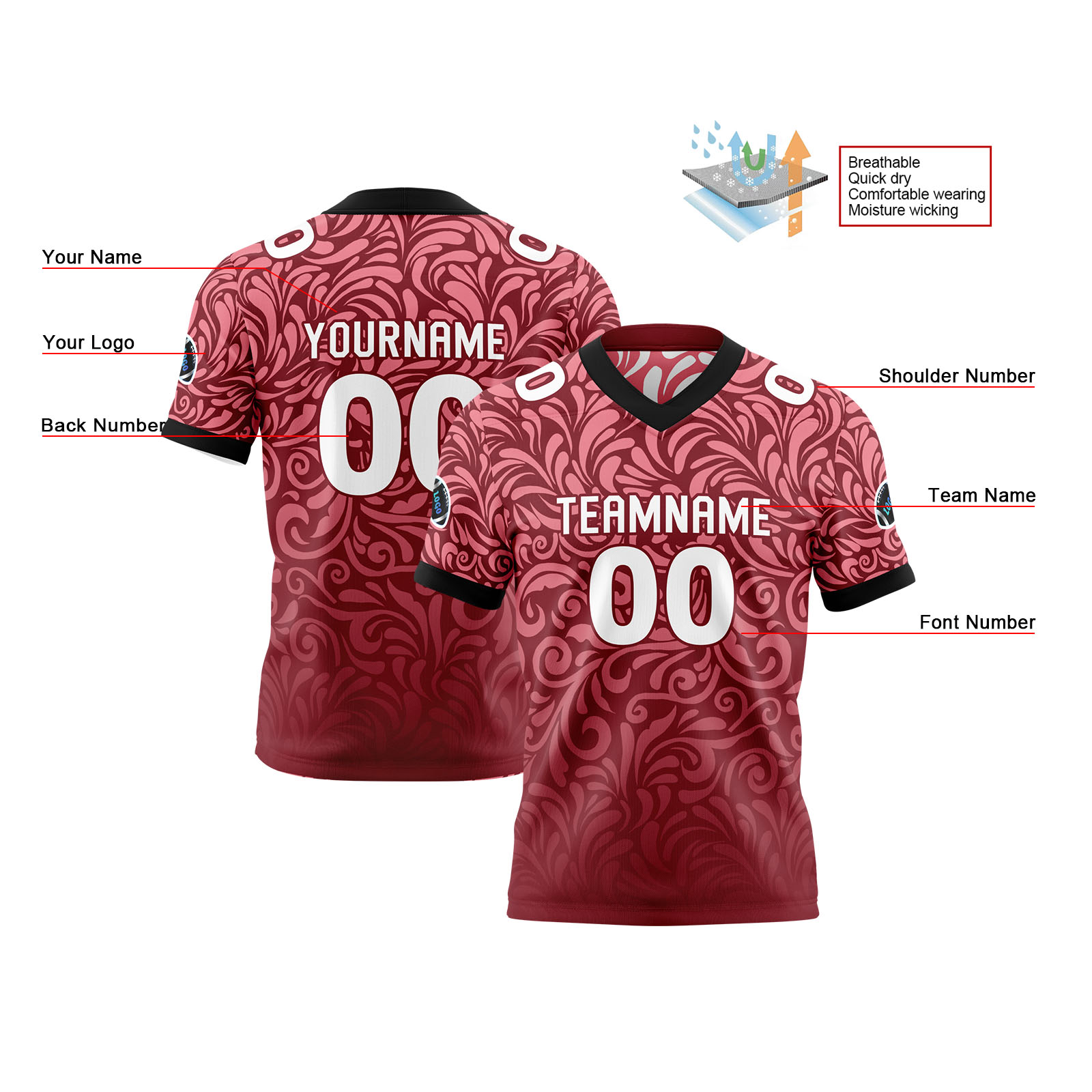 Custom Red White Reversible Football Jersey Personalized Gradient Football Shirts for Men Printed Team Name Number Logo