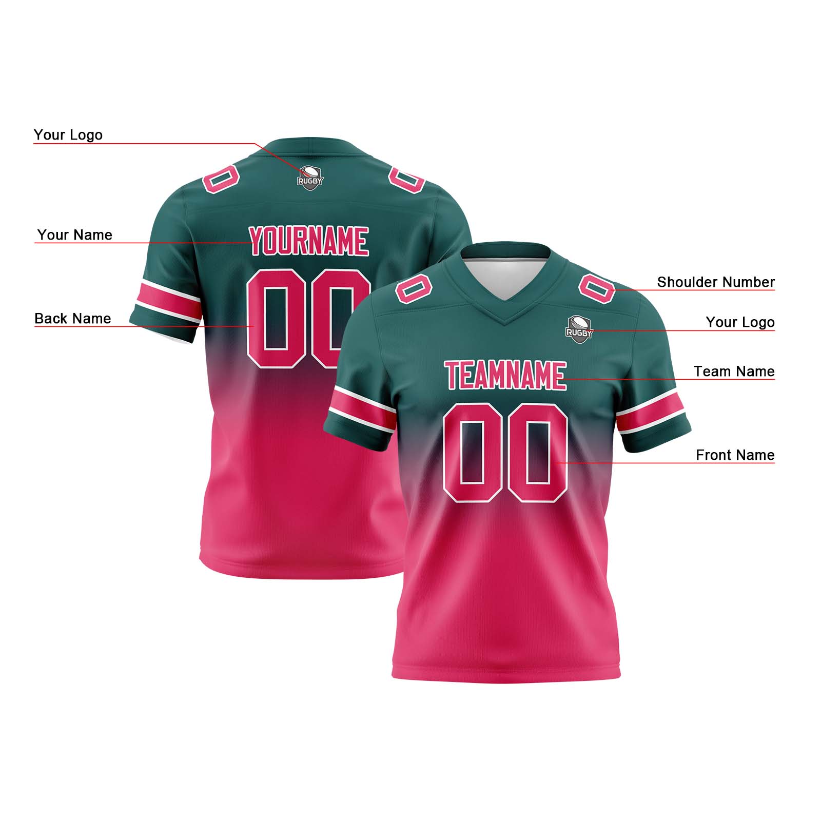 Custom Dark Green&Pink Gradient Football Jerseys Personalized Name Number Logo